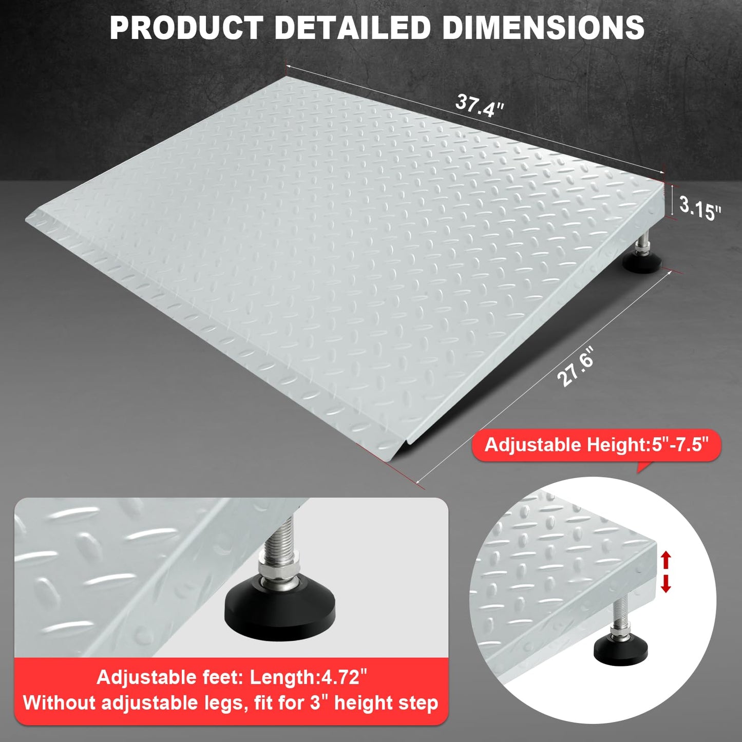 HONYTA Height Adjustable Door Ramp, Door ramp for 3”, 5” to 7.5” Threshold or Steps, Heavy Duty Door ramp for Wheelchairs Walkers Scooters(27.6" L*37.4" W, Alloy Steel, Max 800LBs)
