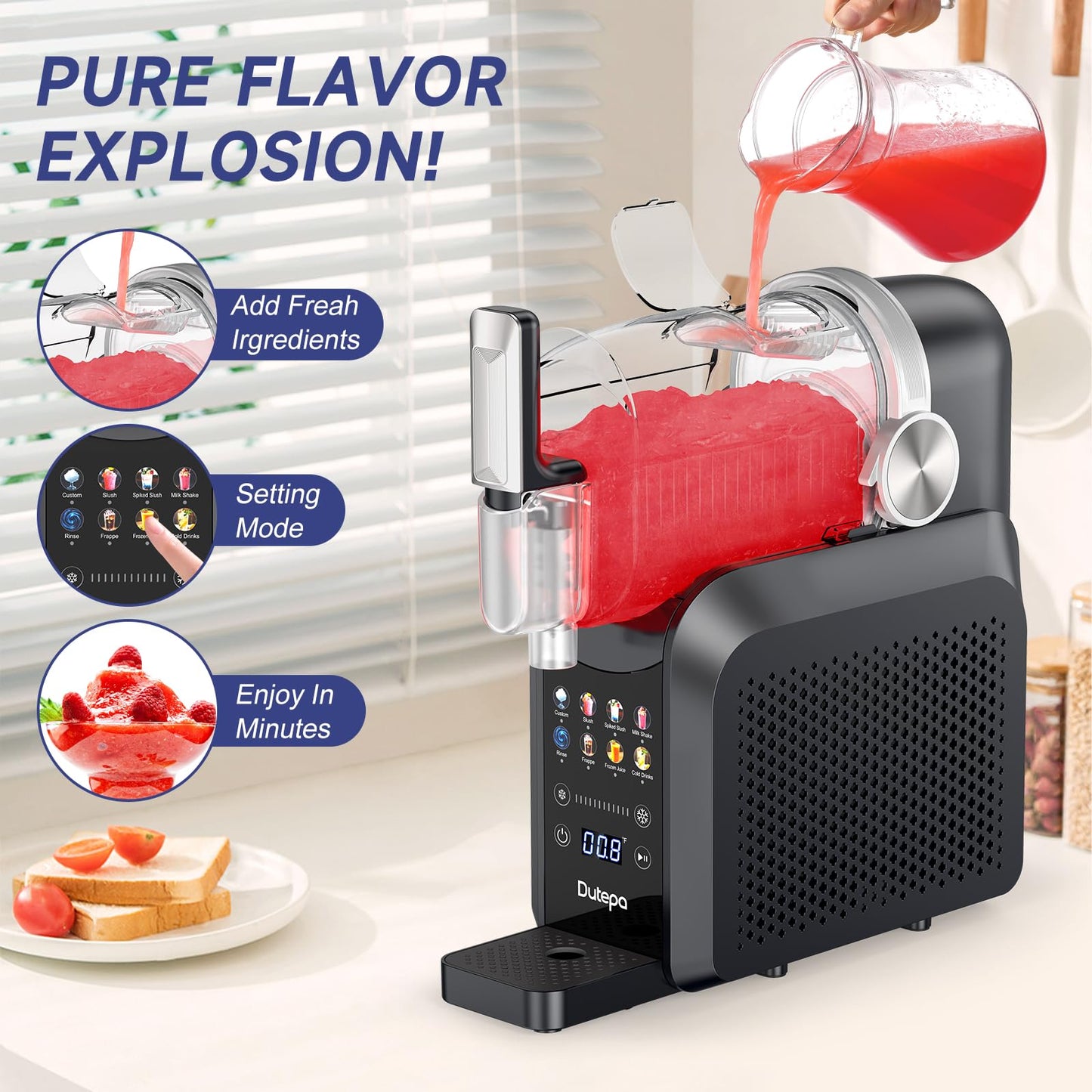 8-in-1 Slushie Machine for Home - 68 fl oz, No Ice Needed, LED Display, Self-Cleaning Frozen Drink Maker - Ideal for Slushies, Milkshakes, Margarita Smoothie, Frappés, & More