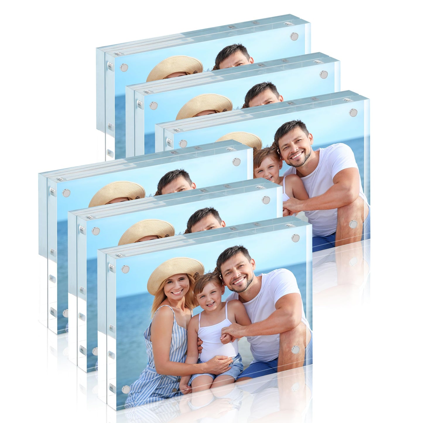 HOUSE DAY Acrylic Picture Frames 5x7, 6 Pack Magnetic 5x7 Picture Frame, Double Sided Clear 5 x 7 Photo Frame with Microfiber Cloth, Frameless FreeStanding 5x7 Frame Gift for Desktop Display