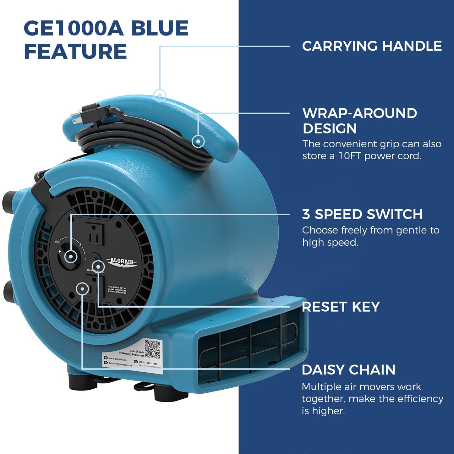 ALORAIR 1000 CFM Air Mover Blower Fan for Drying, Ventilating, Exhausting, Cooling, Utility Timer Fan with 3 Speeds, 5 Adjustable Angles, 10ft Long Cord for Home, Industrial, Commercial Use - GE1000A