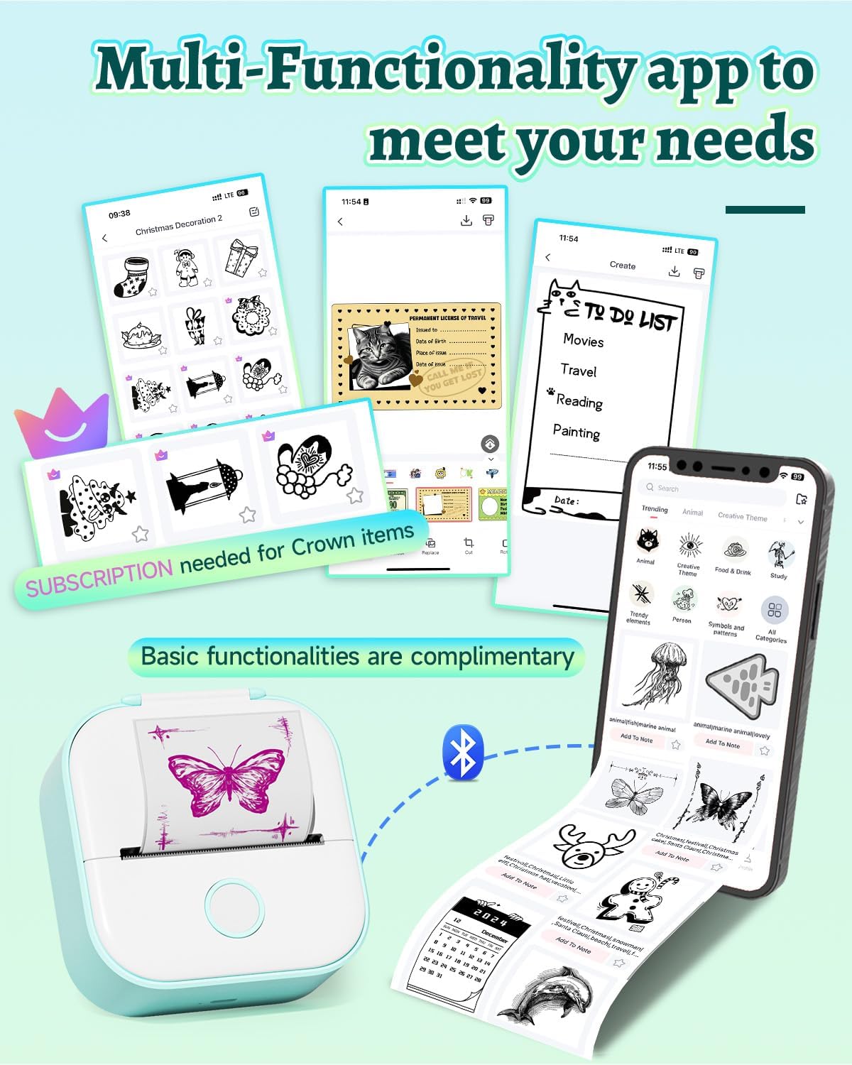 Memoqueen T02 Phomemo Mini Sticker Printer - APP AI Drawing Bluetooth Thermal Printer Sticker Maker Machine for DIY