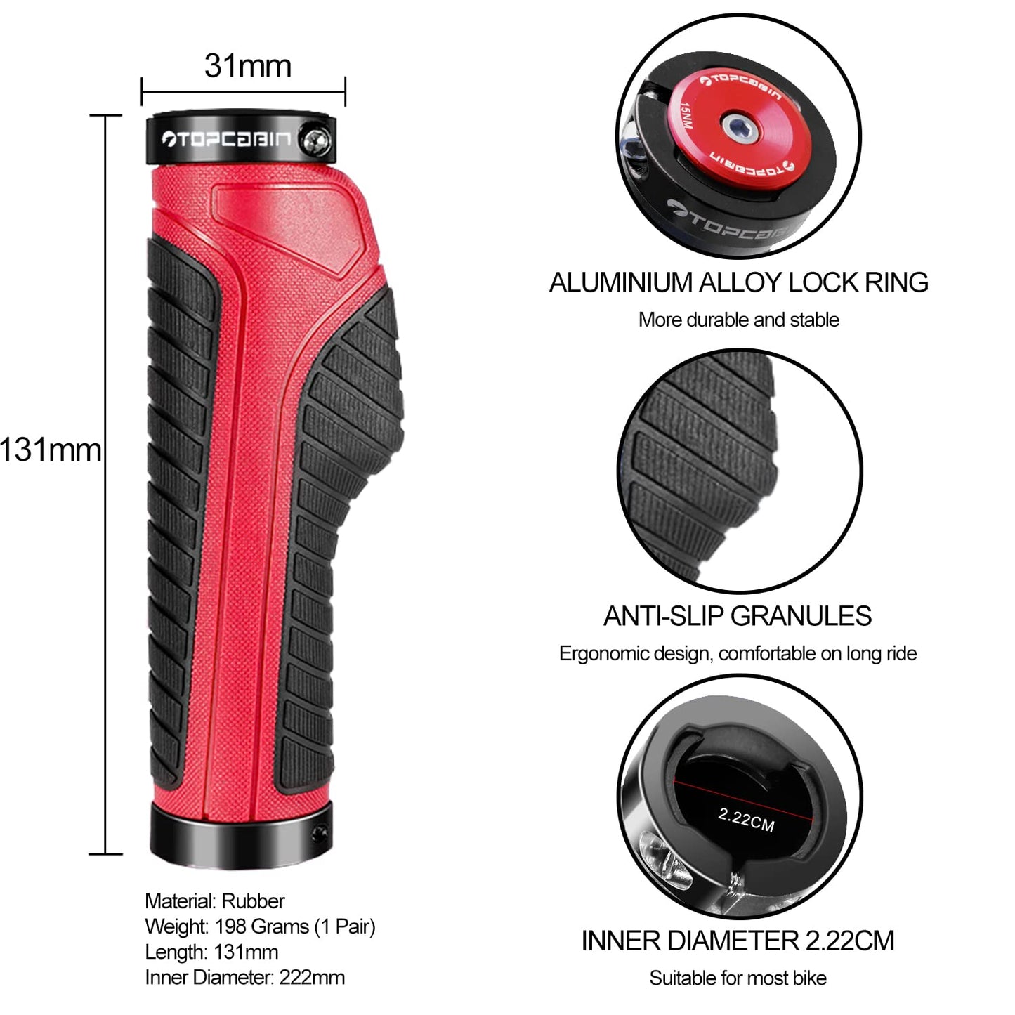 TOPCABIN Ergonomic Bicycle Grips - Widen Holding Rubber Handlebar Grips with Aluminum LockGrips for Mountain & Road Bikes (Knife Style, Red/Black Aluminum Lock Plug, 1 Pair)