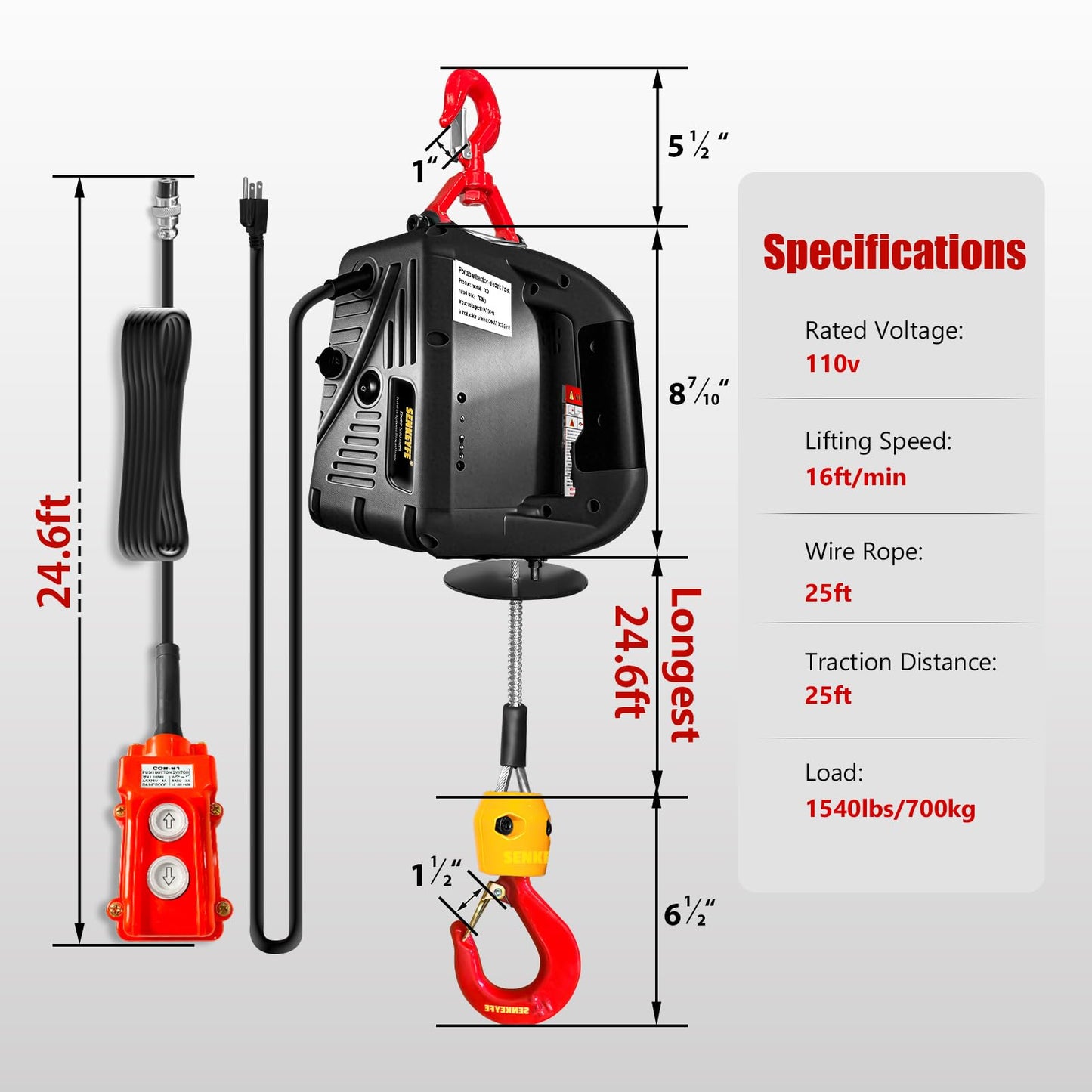 SENKEYFE Power Electric Portable Hoist Winch 1540LBS, 3 in 1 Electric Cable Hoist 110V 25 FT with Lifting Strap, Electric Hoist Lift Ceiling Winch for Lifting Towing