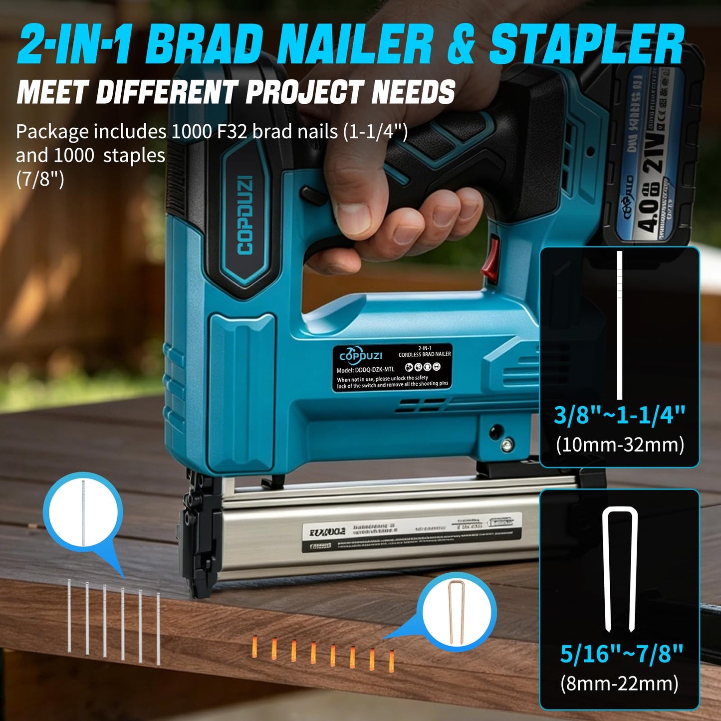 COPDUZI 21V Cordless Nail Gun, 18 Gauge 2-in-1 Electric Brad Nailer With 2 * 4.0Ah Battery, Pistola De Clavos with 2000pcs Nails, Power Nailers Adjustable Depth for Wood, Upholstery & DIY Projects