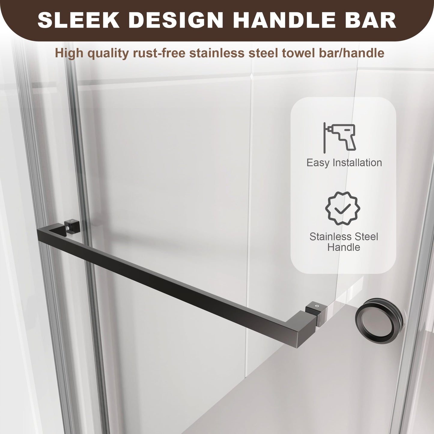 UKD01 46 to 49 in. W x 76 in. H Double Sliding Frameless Shower Doors - Stainless Steel 3/8" (10mm) Certified Tempered Glass 49x76-MBL