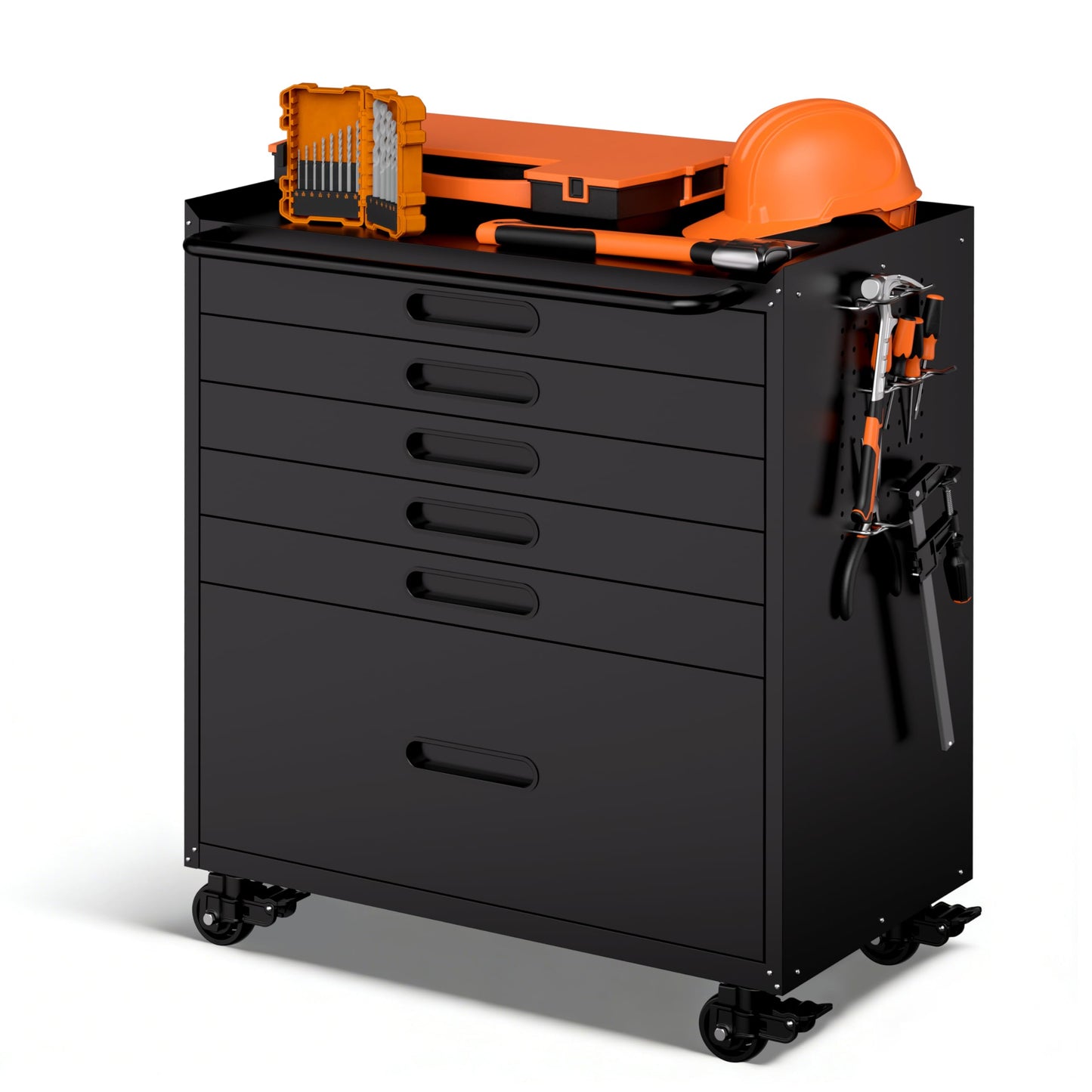 VIYET Garage Storage Cabinet,6 Drawer Metal Rolling Tool Cabinet with 2 Pegboard and 10 Hook,Heavy Duty Mechanics Tool Chest Storage for Workshop, Basement,Warehouse,Include Workbench Liner,Black