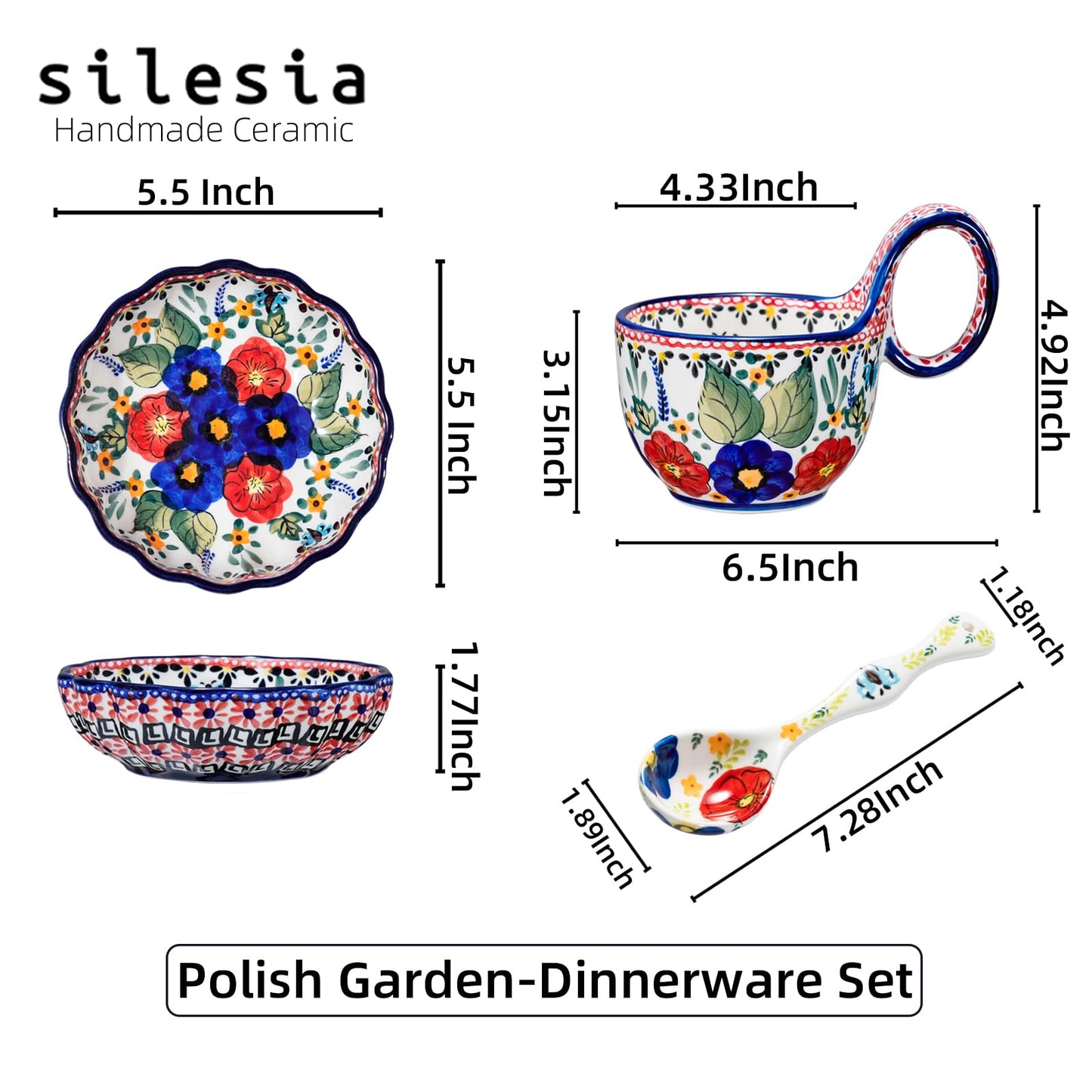 silesia Handmade Loop Handle Soup Bowl, Plate and Spoon Set Ceramic Hand Painted Cereal Bowl Great for Soup, Ice cream, Snack, Stew in Gift Box, Dishwasher & Microwave Safe, Polish Garden