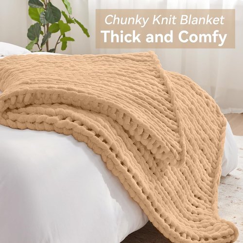 Negwoo Chunky Knit Throw Blanket - Handmade Beige Chenille Yarn | Cozy 30'' x 40'' Size for Home Decor