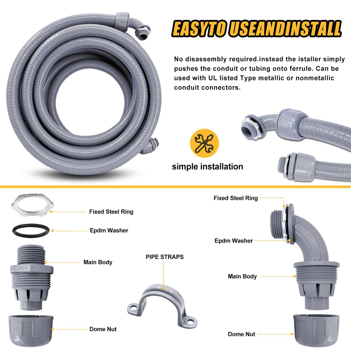 Wocloer 1-1/2 inch 50 Foot Liquid-Tight Conduit Kit, Flexible Non Metallic Electrical Conduit and Connector Kit, With 5 Straight and 4 Angle Fittings and Pipe Strap.