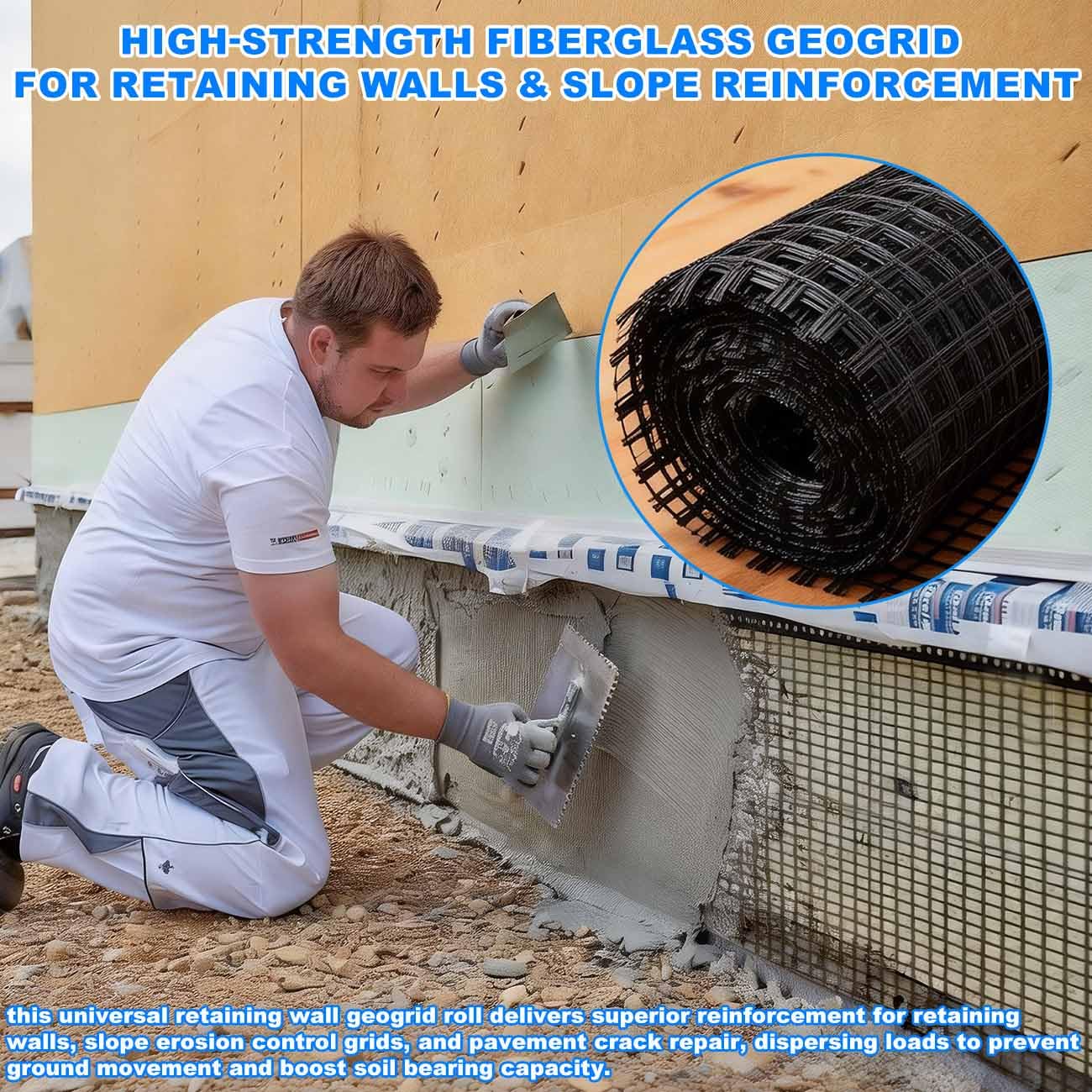 Universal Retaining Wall Geogrid Roll, Fiberglass Geogrid, Gravel Driveway Stabilization Geo Grid, 50KN Tensile Strength for Retaining Walls, Slope Reinforcement, Pavement Crack (4FT x 133FT)