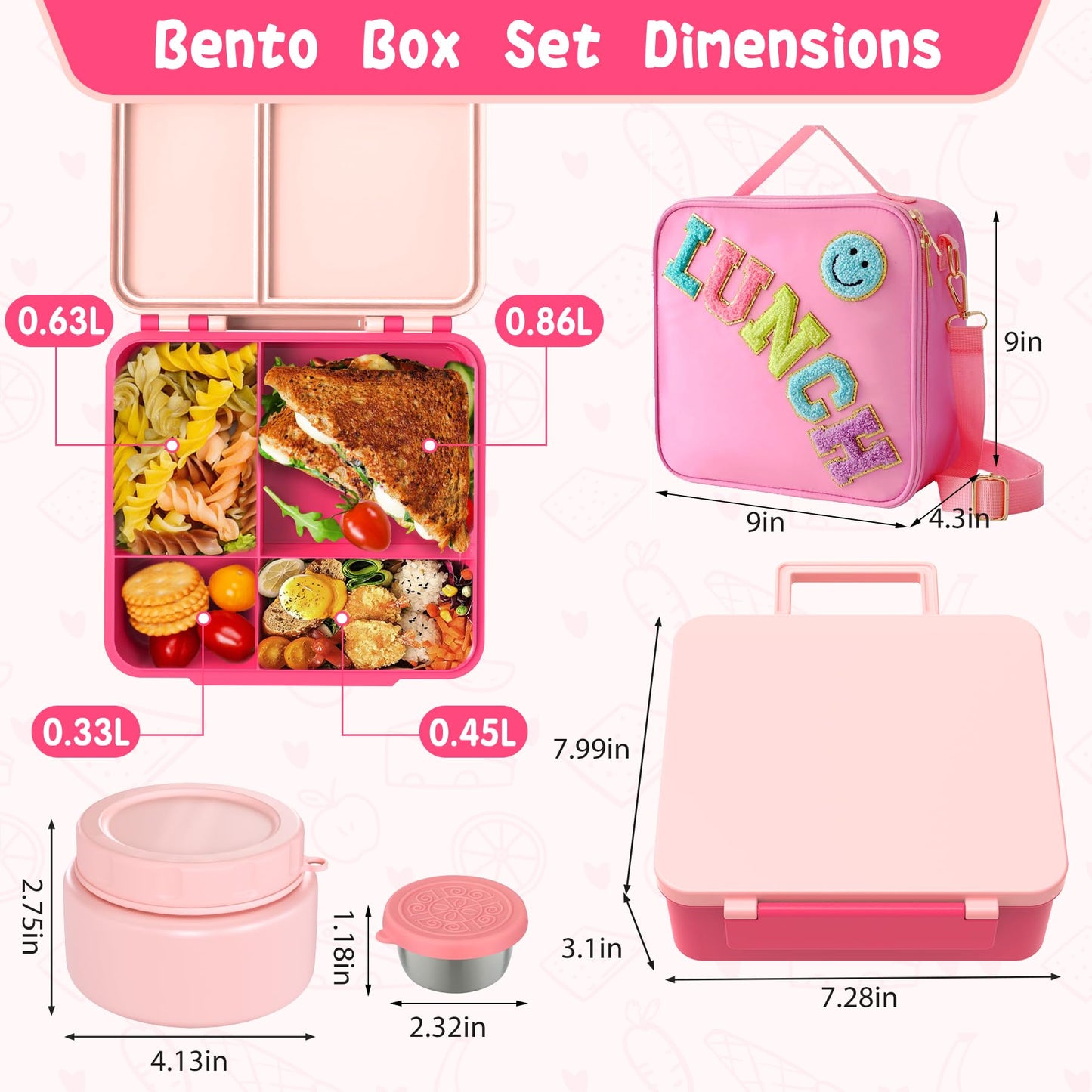 Aimsnk Kids Bento Lunch Box with 8oz Soup Thermo, Kids Leakproof Lunch Food Containers with 4 Compartment,Insulated Hot Food Jar with Lunch Bag for School, Travel (Pink)