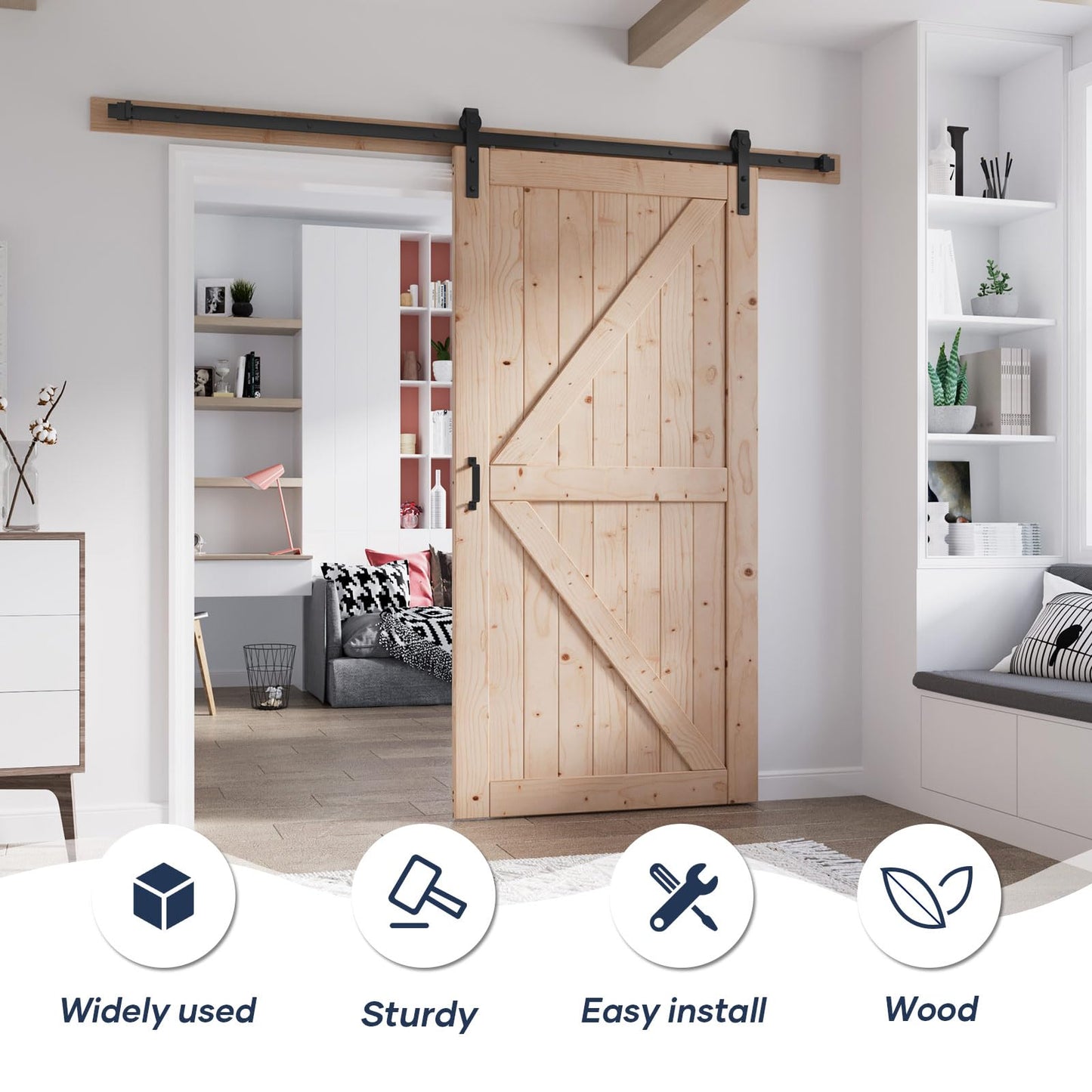 FREDBECK 42in x 80in Sliding Wood Barn Door with 7FT Barn Door Hardware Kit Included K Shape Solid Spruce Panel Sliding Door Double Surfaces Need to Assembly