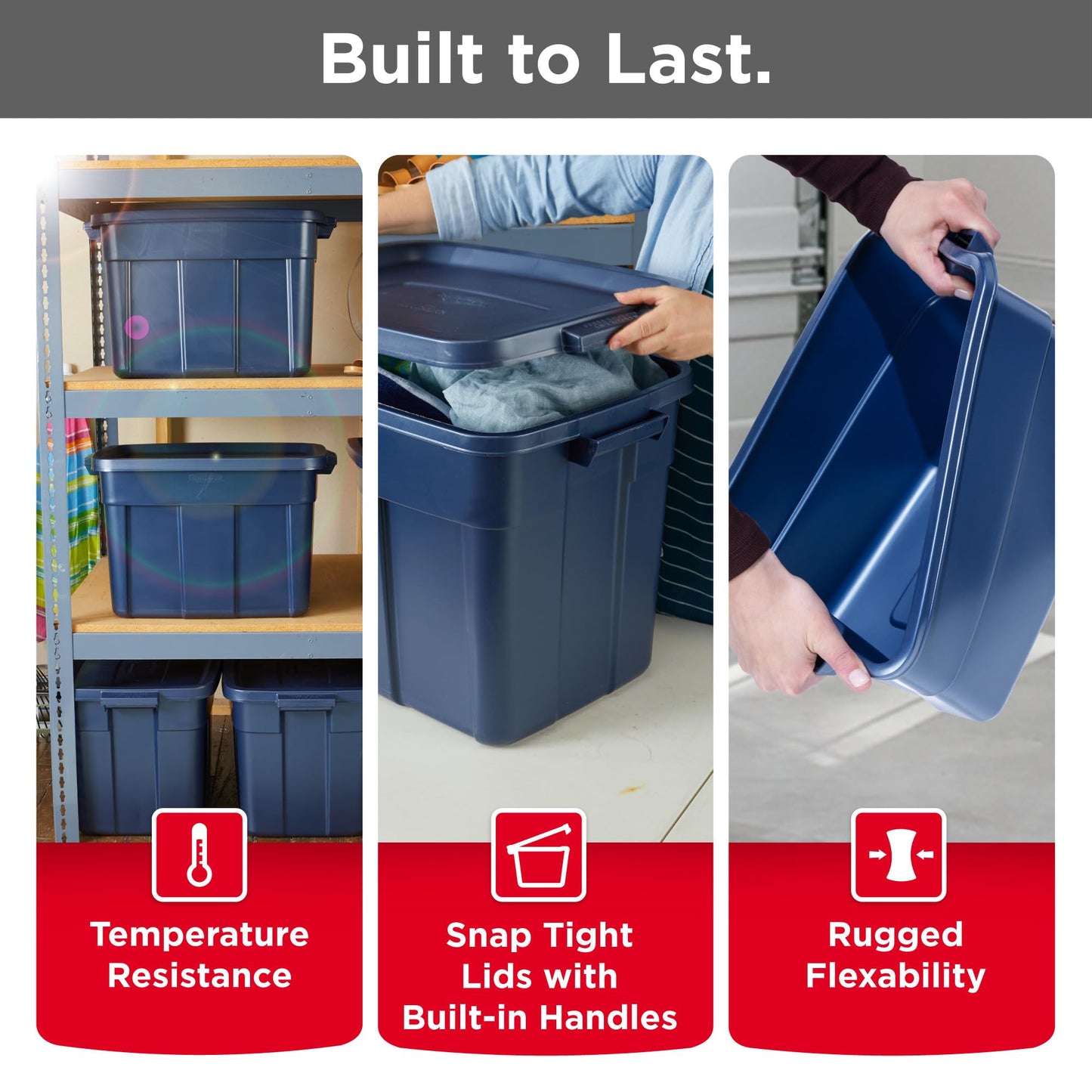 Rubbermaid Roughneck Tote Variety - |Made in the USA| Dark Indigo Metallic, Rugged Plastic Stackable Storage Tote with Lid and Handles (Pack of 10)