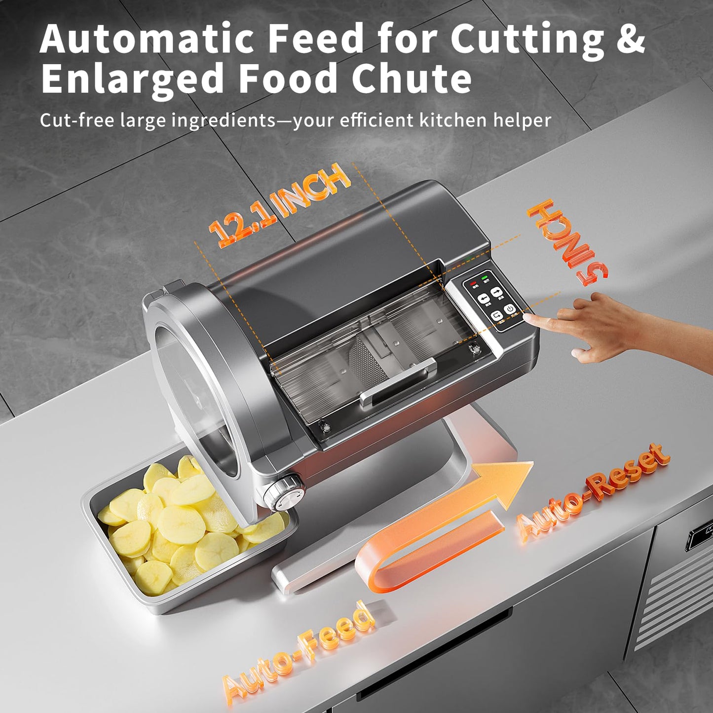 TERUISI Commercial Vegetable Chopper, 300W Auto Feed Stainless Steel Vegetable and Meat Slicer, 4-In-1 Food Cutter Machine with 1-10mm Slicing, 3mm Shredding & 2 Dicing Sizes, 440LBS/H Output, 110V