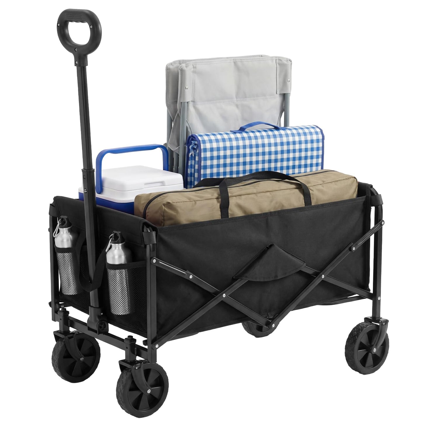 DUMOS Collapsible Wagon Cart, Heavy Duty Foldable Utility Wagon with Wheels – 220 lbs Capacity, Flexible Handle for Beach, Garden, Sports, Grocery & Camping, Black