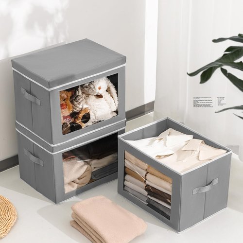 Homsorout Storage Bins - 4 Pack Large Fabric Storage Cubes with Lids & Handles | Grey Organizing Solution