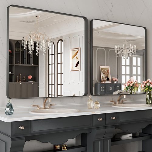LOAAO Black Metal Framed Bathroom Mirror - 28x32 Inch, Matte Black, Anti-Rust, Versatile Hanging Options