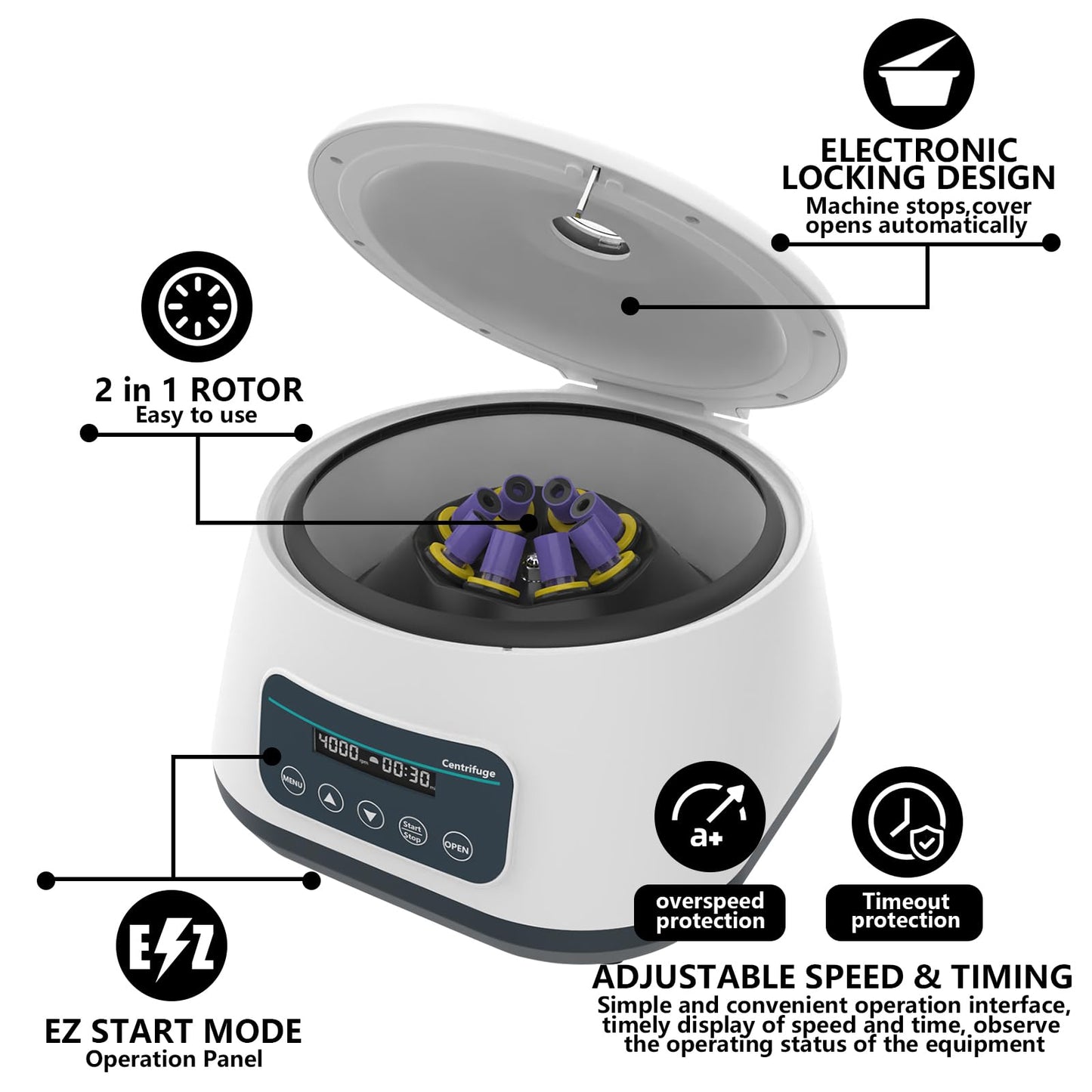 VEVIVOOVY Mini Lab Centrifuge Machine,Low Speed 500-4000rpm Lab Benchtop Centrifuges 2ml/5ml/10ml x 8,15ml x 4,2180xg RCF Digital Benchtop Centrifuges W/Timer