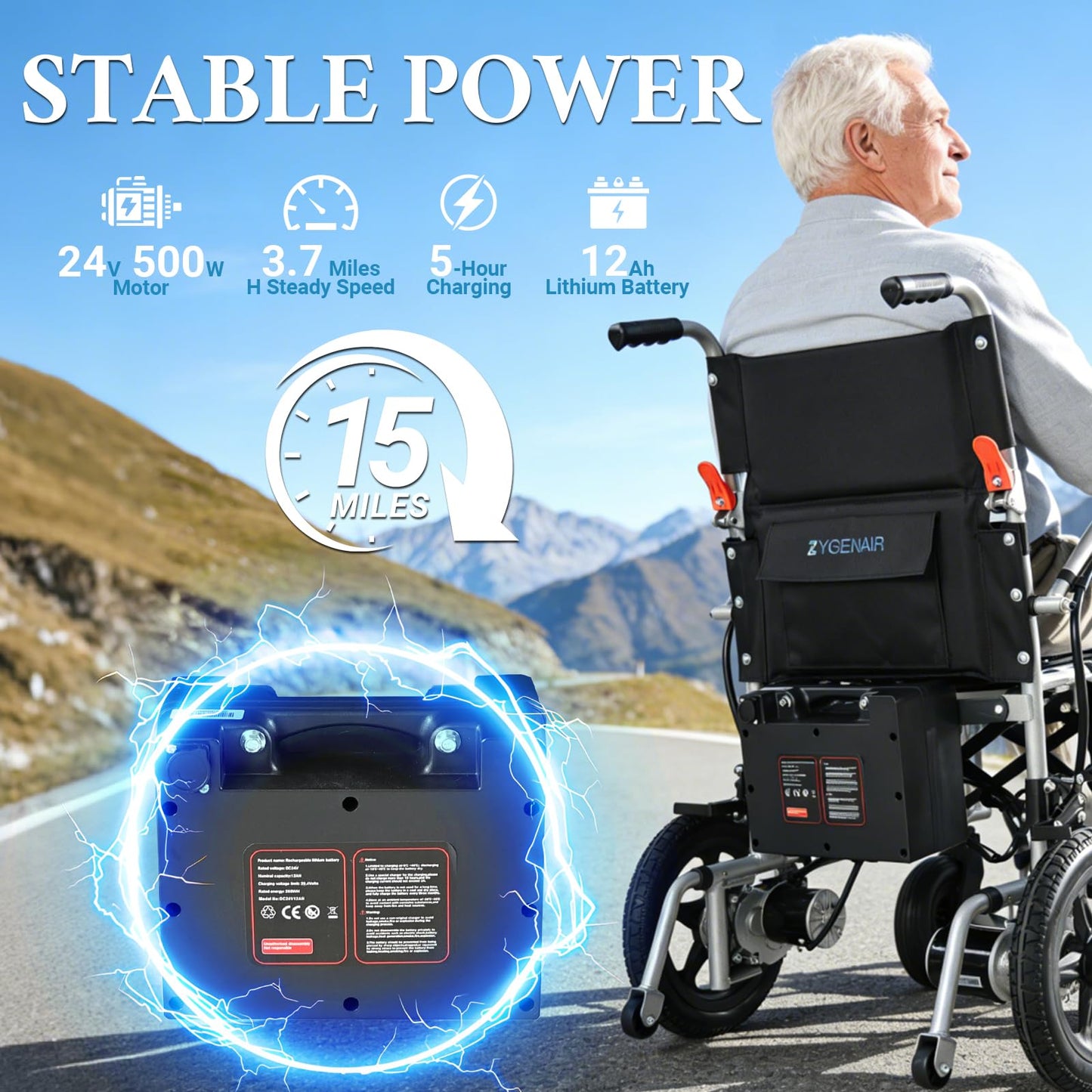 YF001 Zygenair 20" Wider Electric Wheelchair 330 Lbs Capacity Electric Wheelchairs for Adults, Foldable Power Wheelchair Lightweight Motorized Mobility Chair with 12Ah Lithium Battery (Silver, Max)