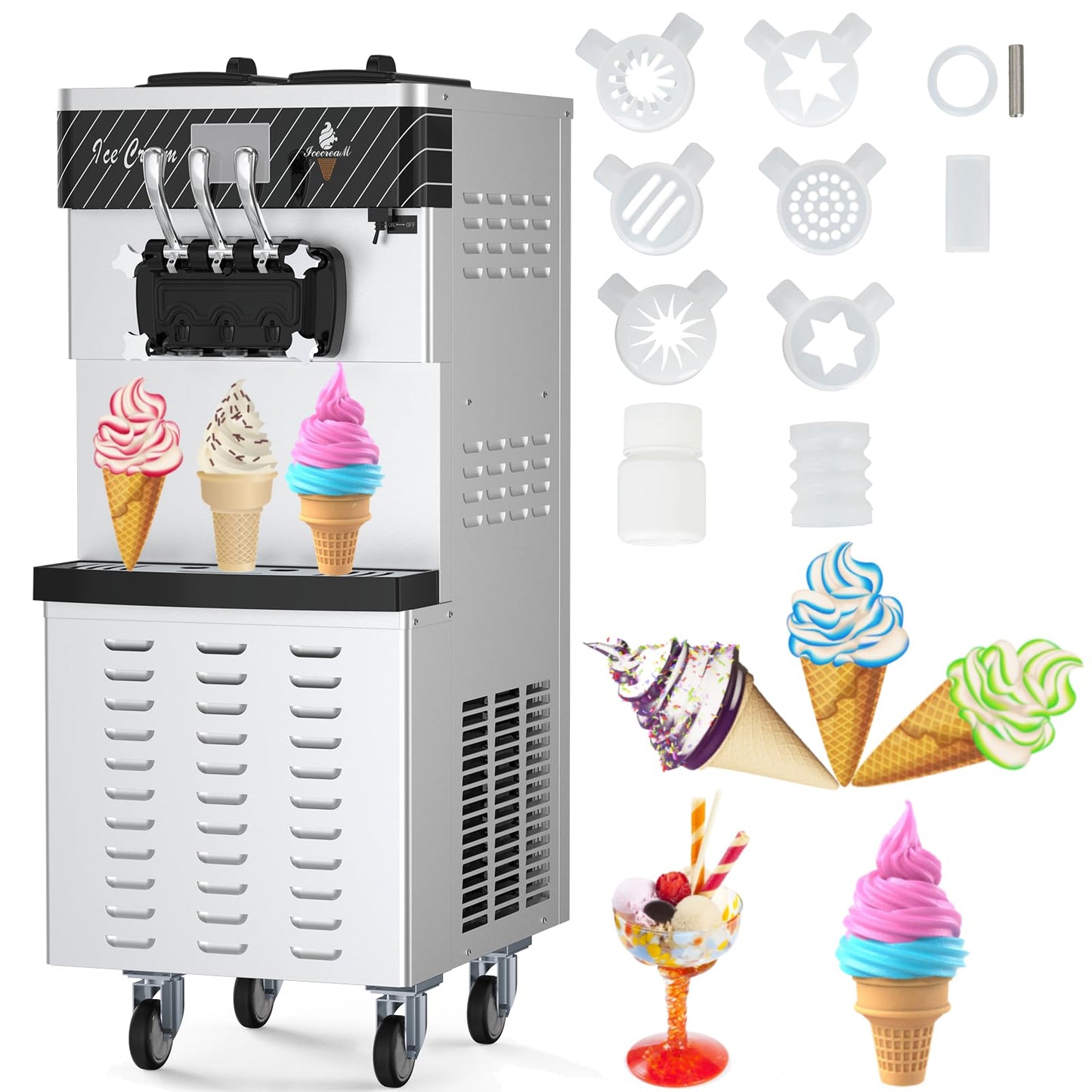 MilleLoom 2450W Commercial Soft Ice Cream Machine 3 Flavors 5.8 to 8.2 Gallon Per Hour PreCooling At Night Auto Clean LCDPanel for Restaurants Snack Bar, Sliver