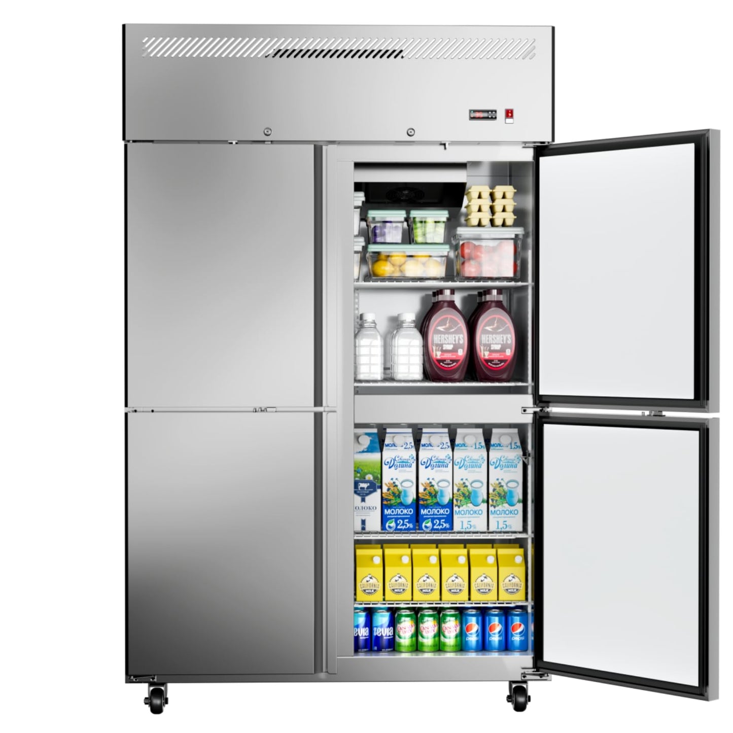 Ferueo Commercial Refrigerator 48" W 4 Door Stainless Steel Reach-in Solid Door Upright Fridge Fan Cooling 36 Cu.ft Refrigerators 32-47°F for Restaurant, Bar, Shop