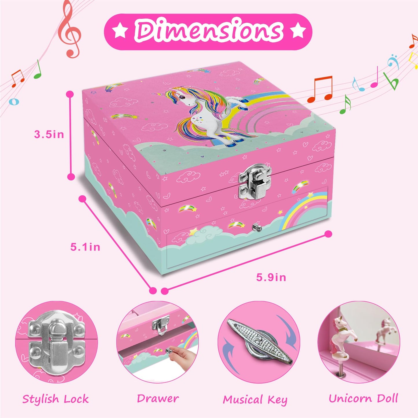 JOEKIKIMD Magical Unicorn Jewelry Box for Girls - Spinning Unicorn with Jewelry Drawer - Kids Music Box 6-12 Birthday Easter Christmas Gift, 5.9 x 5.1 x 3.5 Inches