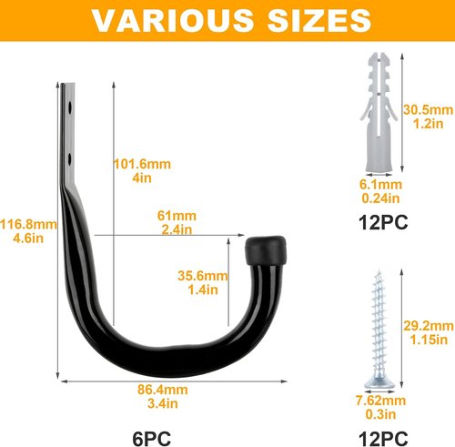 KURUI Heavy Duty Garage Hooks - 14Pcs J-Shape Carbon Steel & Plastic Wall Mount Storage | Black