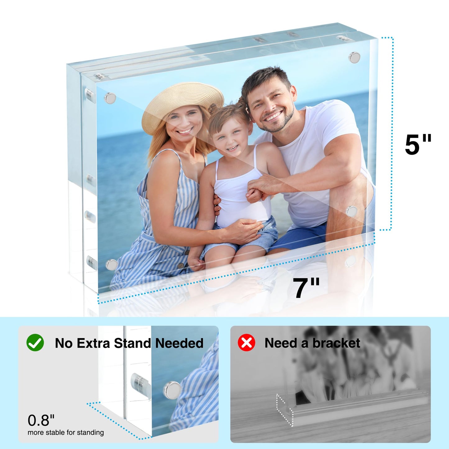 HOUSE DAY Acrylic Picture Frames 5x7, 6 Pack Magnetic 5x7 Picture Frame, Double Sided Clear 5 x 7 Photo Frame with Microfiber Cloth, Frameless FreeStanding 5x7 Frame Gift for Desktop Display