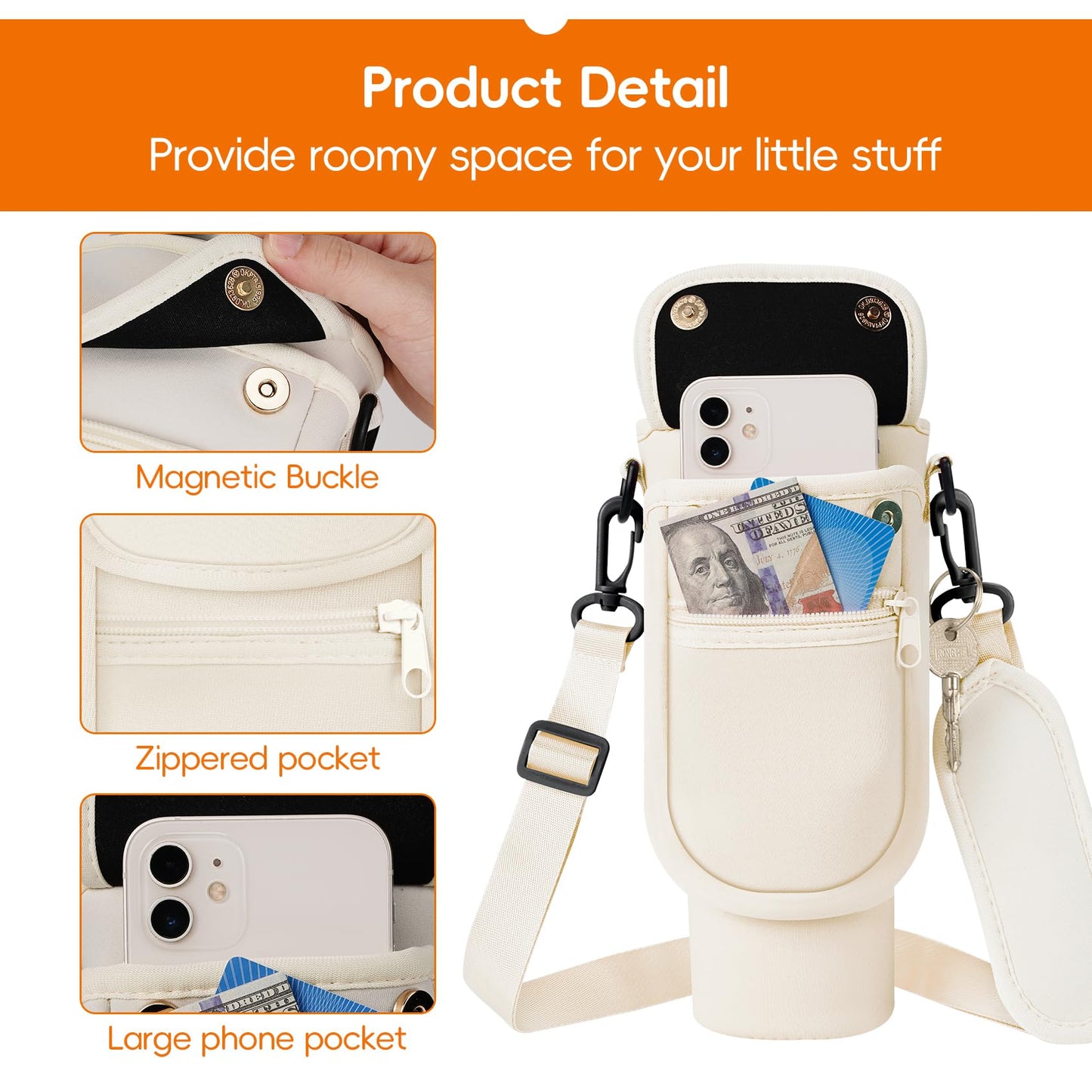 AceTreker Water Bottle Sleeve Bag for Stanley 30 40oz Tumbler with Strap, Reusable Thermos Cup Holder with 2 Pocket & Paracord Handle & Straw Cover for Hiking Travelling Car Gym-Cream