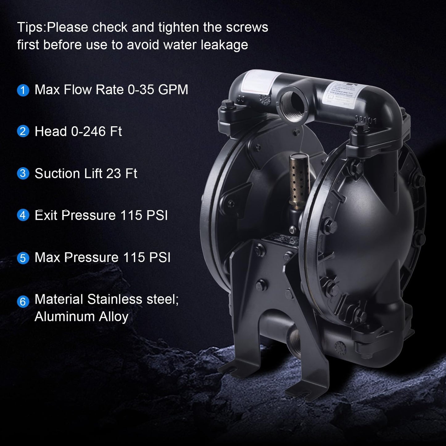 Double Diaphragm Pump Air Operated 1 inch Inlet/Outlet Pneumatic Waste Oil Transfer Pump for Chemical QBY4-25L 35 GPM Dual Diaphram Polypropylene Nitrile Rubber by Stainless Steel Iron 115 PSI