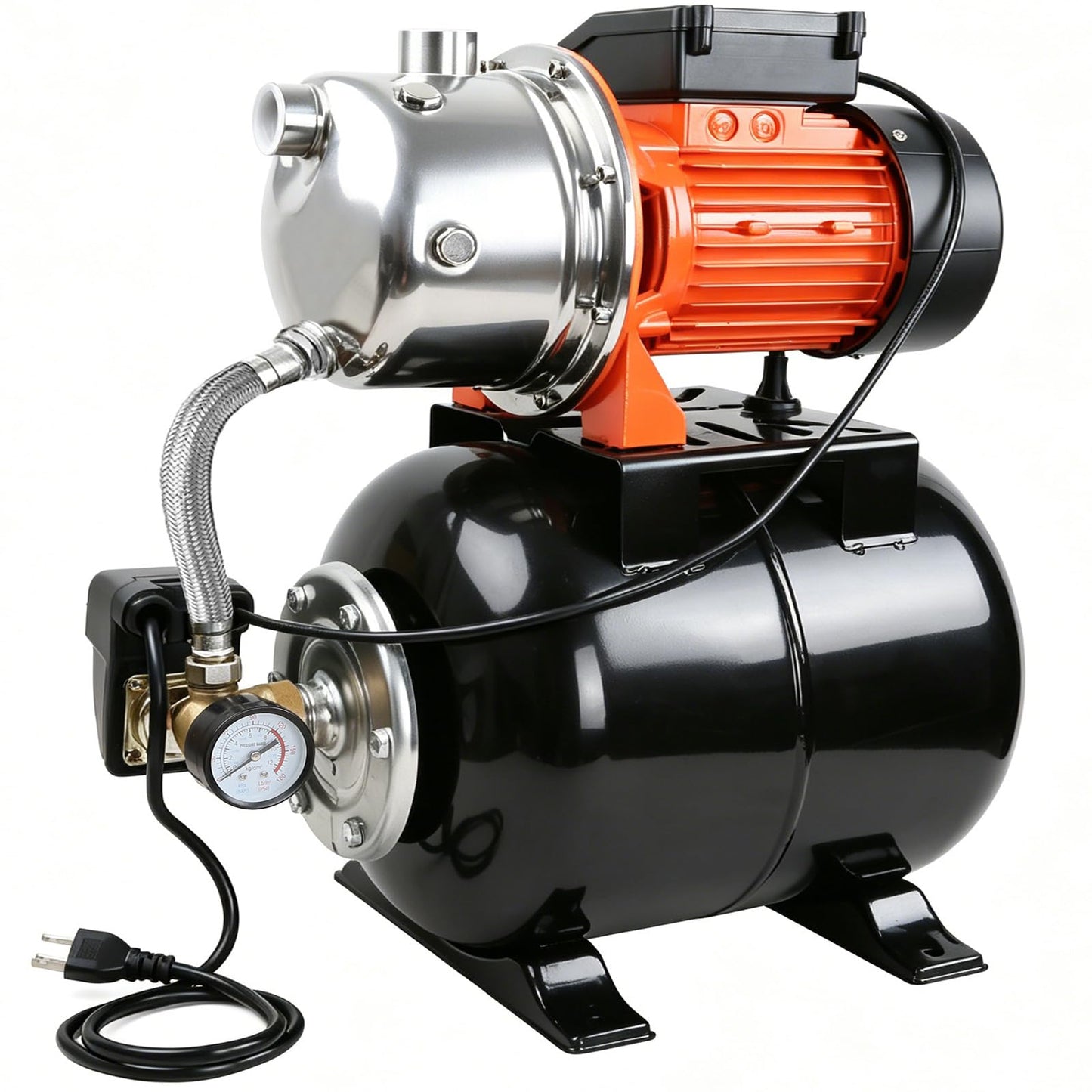 Ioboneed 1 HP Shallow Well Pump with Pressure Tank, 1000 GPH, Automatic Irrigation Water Booster Pump with 130 ft Head Lift 20/40 PSI Pressure Switch 304 Stainless Steel Pump Head for Home Garden Lawn