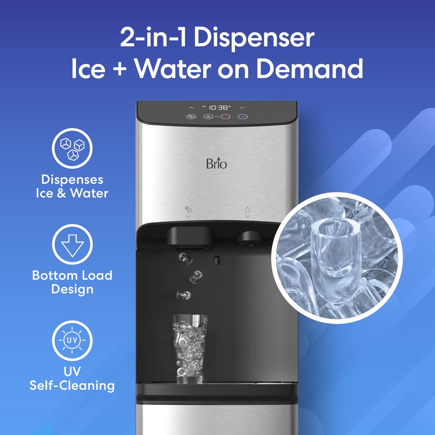 Brio 520 ICE Water Dispenser for 5 Gallon Bottle | Bullet Ice Maker Bottom Load Cooler | UV Self Cleaning, LED Touch Display with Digital Clock, Night Light, Child Safety Lock | 2X Fast Dispense