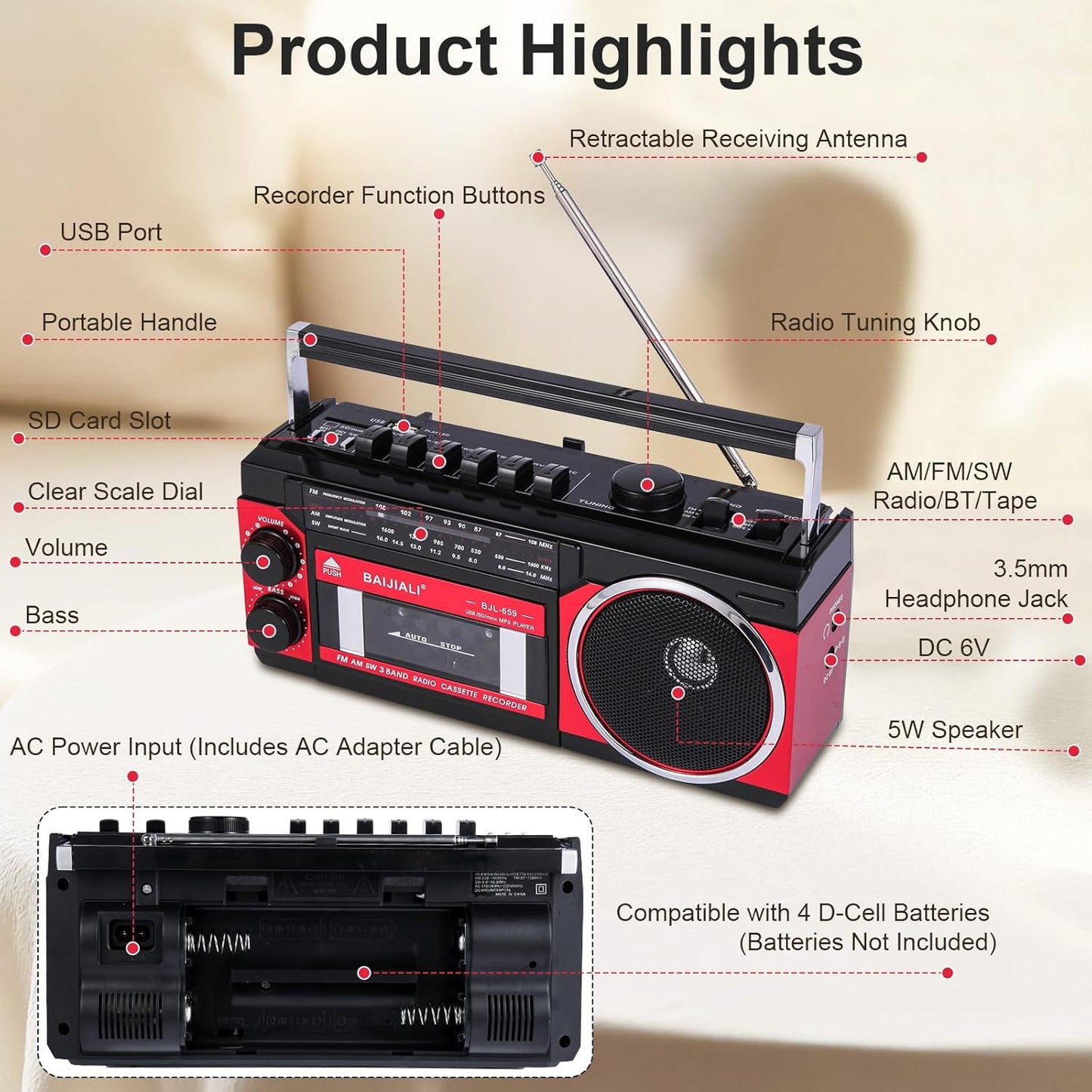 BAIJIALI Cassette Portable Player with AM/FM/SW Radio & BT, Boombox for Home and Travel, Record from Radio, Play via
