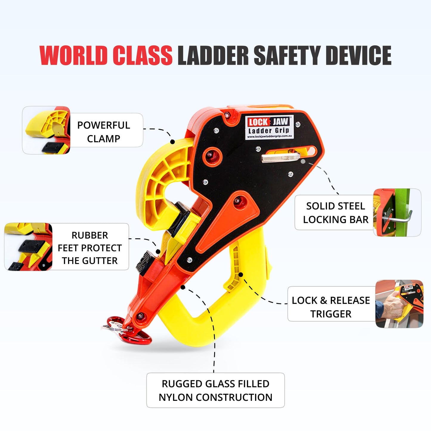 Lock Jaw Roof Ladder Stabilizer Hook for Gutter - Standoff in 5 Seconds with Slide-Lock Security - Prevent Aluminum Ladders Top Movement & Falls - Award-Winning Extension Ladder Accessories for Roof