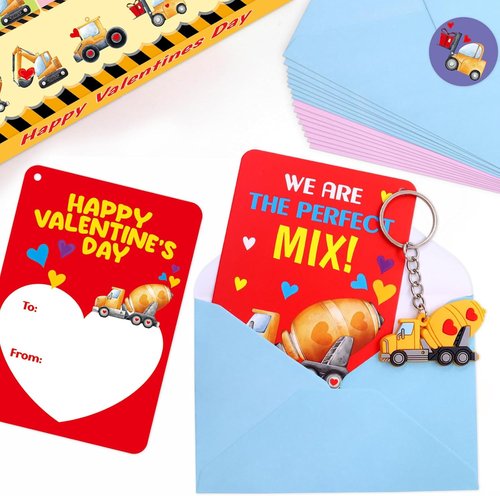 Fancy Land Valentine's Day Cards - 30 Pack Construction Theme with Keychains for Kids' Classroom Gifts