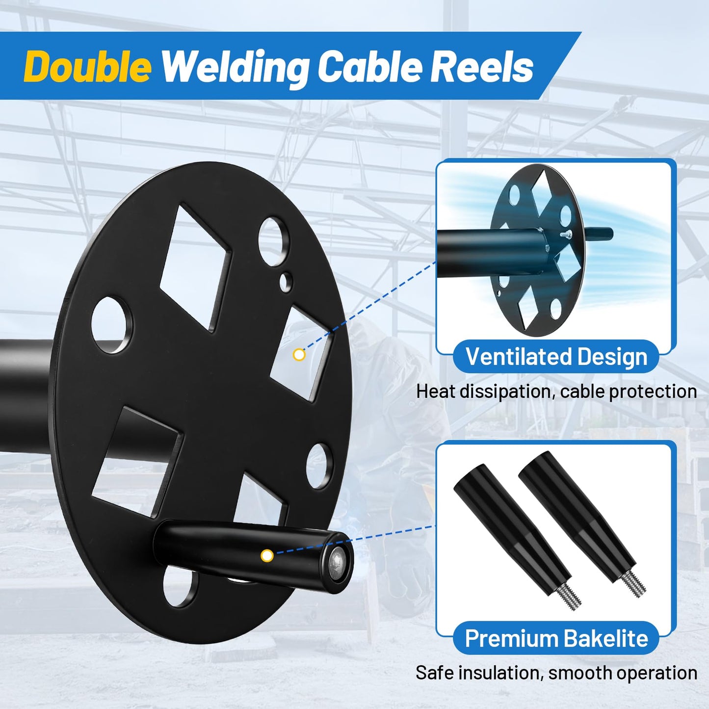 𝑼𝒑𝒈𝒓𝒂𝒅𝒆 Heavy Duty Double Welding Lead Reel, 10° Fixed Base Cable Lead Reel with Insulated Sealing Gaskets & Screws No Leaks No Shorts, Fits 150ft 1/0 or 125ft 2/0 Cable for Trucks Industrial