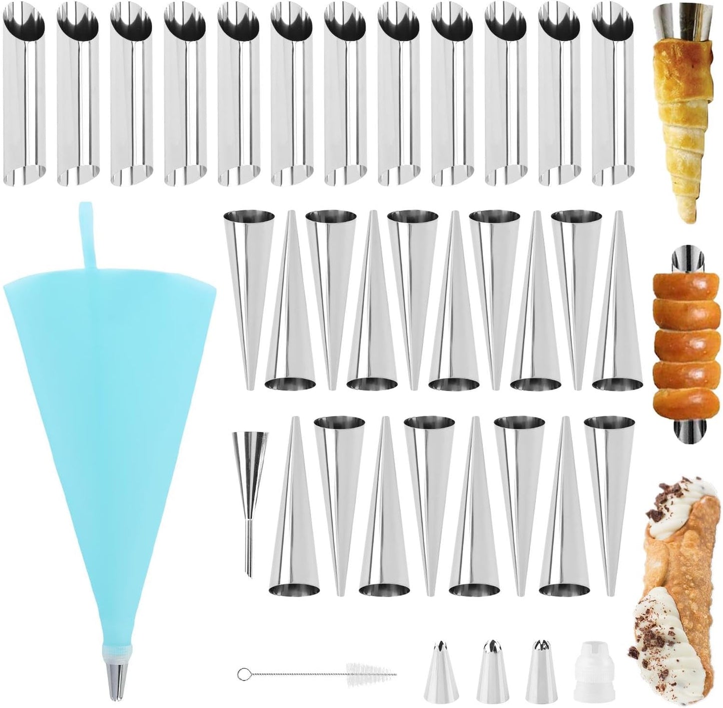 Skiennix 35-Piece Cream Horn Mold Set - Includes Cone & Tubular Baking Molds, Puff Nozzle Tip, Stainless Steel Cannoli Forms
