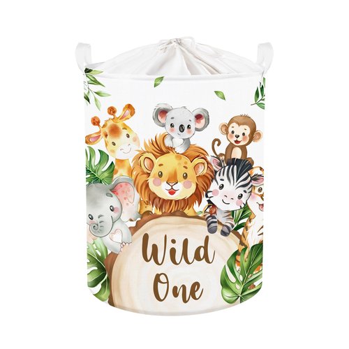 Clastyle 45L Large White Jungle Animals Elephant Kid Laundry Hamper with Handle Collapsible Lion Koala Giraffe Clothes Toy Storage Basket with Lid for Nursery