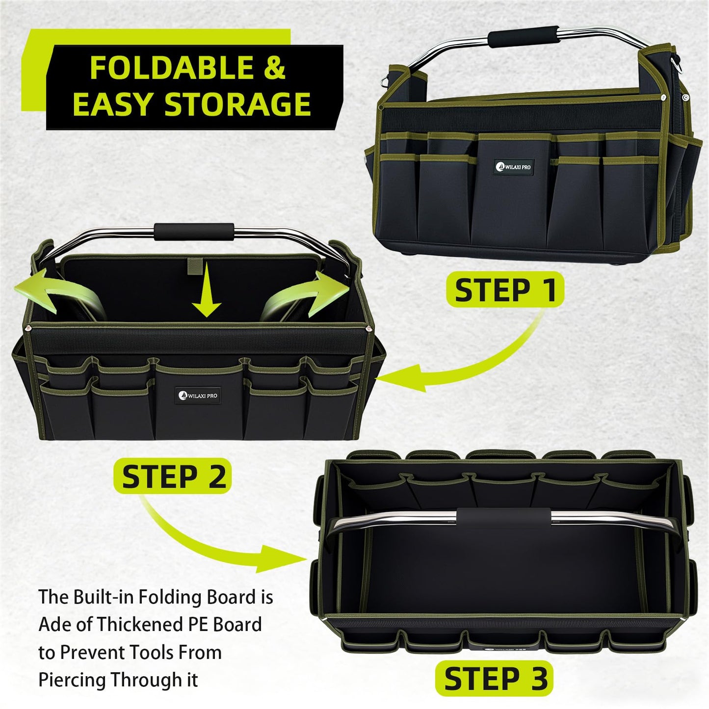 WILAXI PRO 20in Foldable Open Top Tool Bags For Men Heavy Duty, Tool Carrier hard With Handle, Wide Mouth Electrician Tool Tote, Many Pockets Can Hold Many Tool, Green