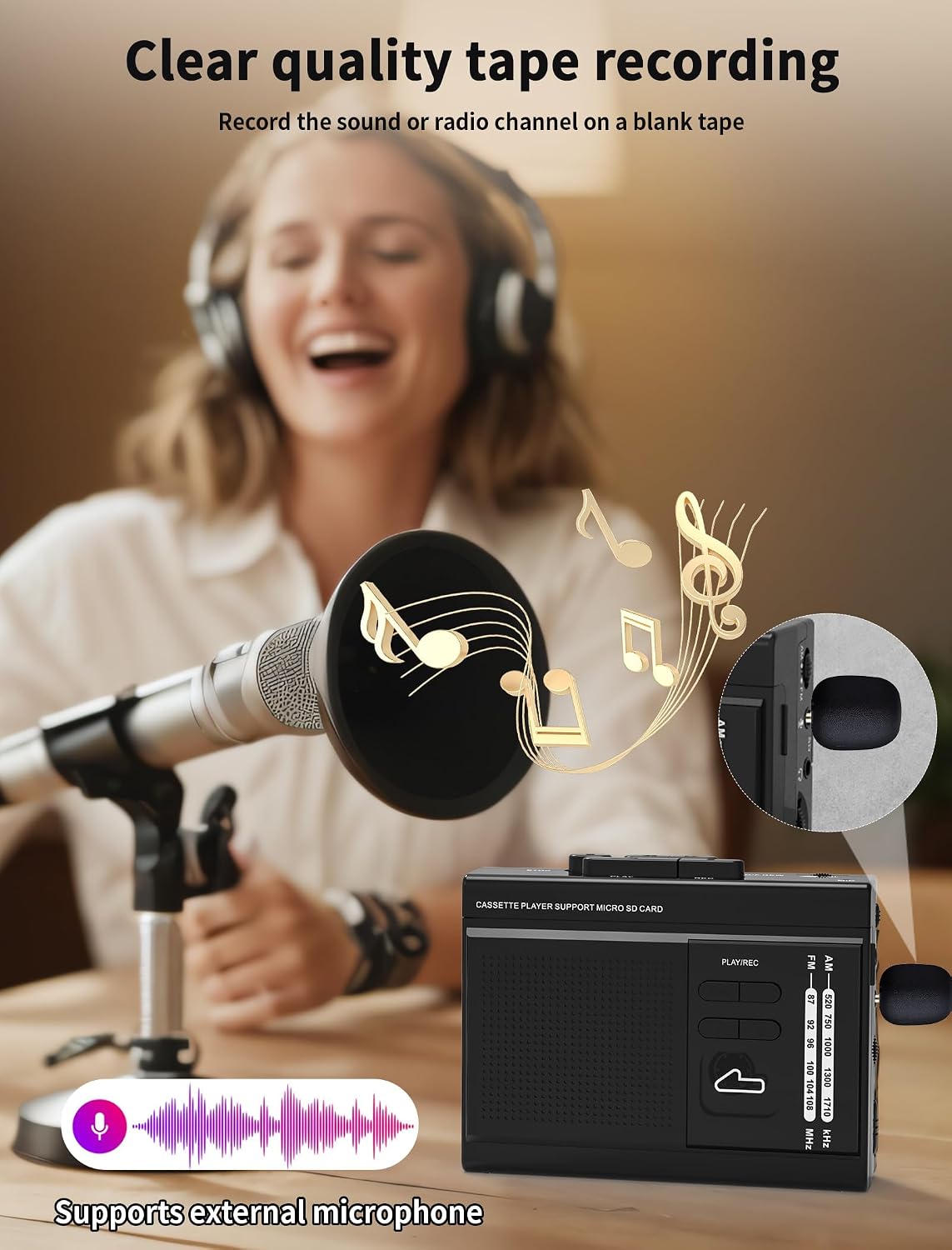 Cassette MP3 Cassette Radio,Cassette Recorder,USB-C/2AA Microphone,3.5mm to Player via SD Card Converter with AM FM