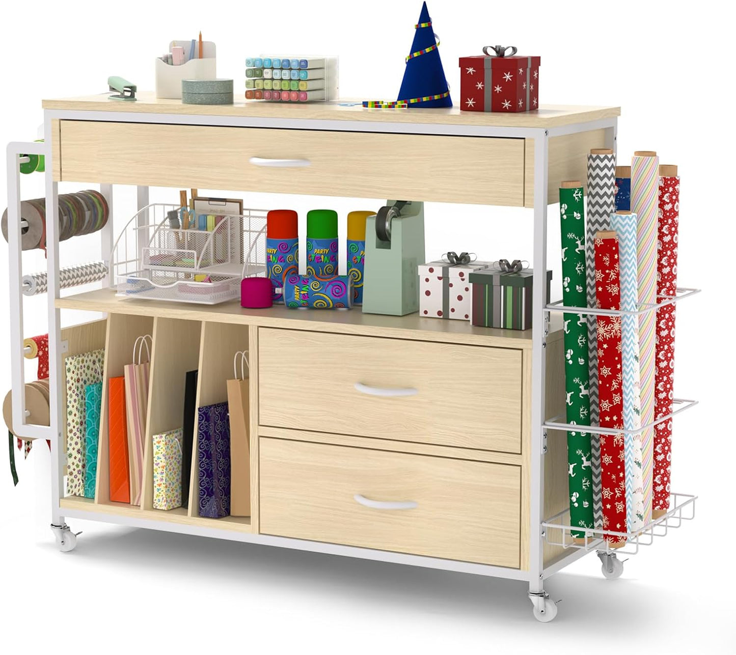 Skiennix Wrapping Paper Organizer - Stylish Craft Cart with Ribbon & Gift Bag Storage | 3 Wooden Drawers - Oak