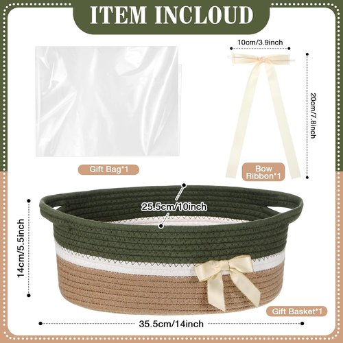 Colingmill Woven Gift Basket - Decorative Storage Box with Ribbons & Handles | 14 x 10 x 5.5 Inch, Green Khaki