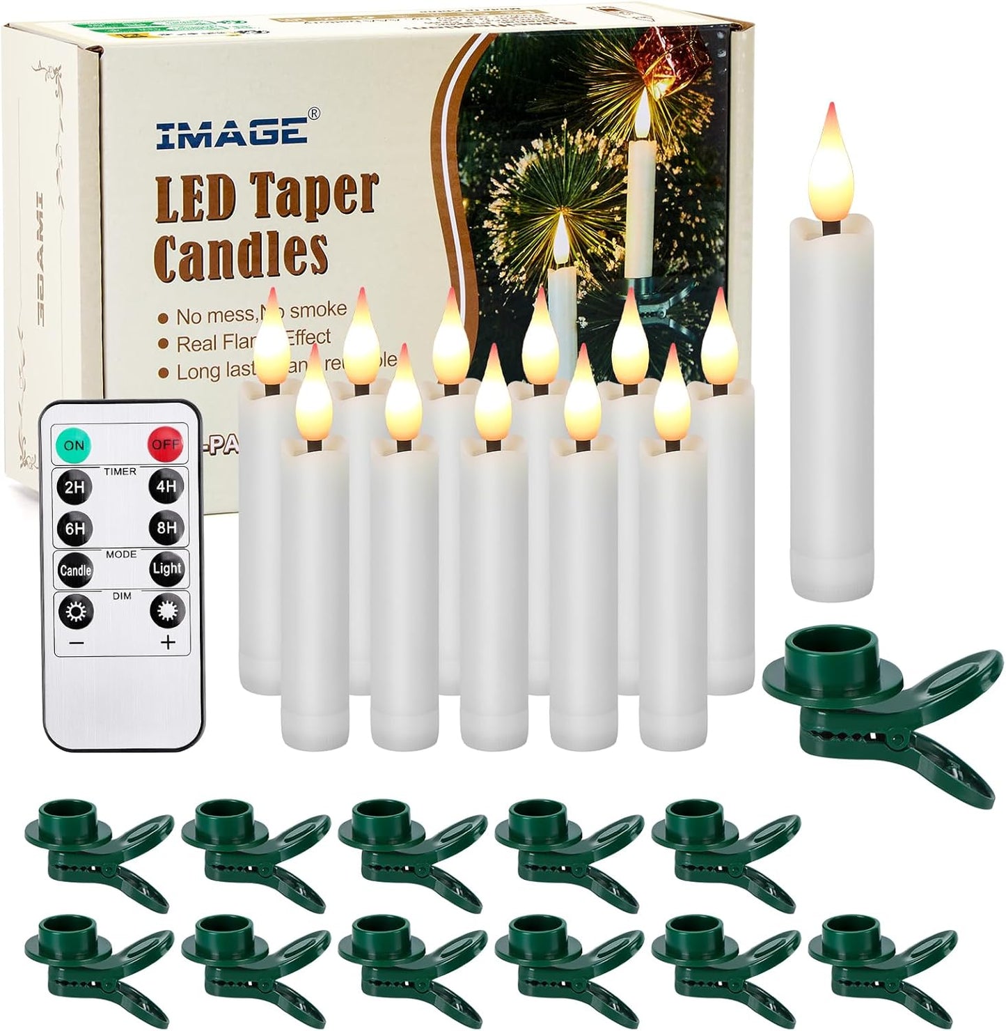 Skiennix 12-Pcs LED Taper Candles Set - Flameless Ivory Candles with 3D Wick & Remote Timer | Warm White Light