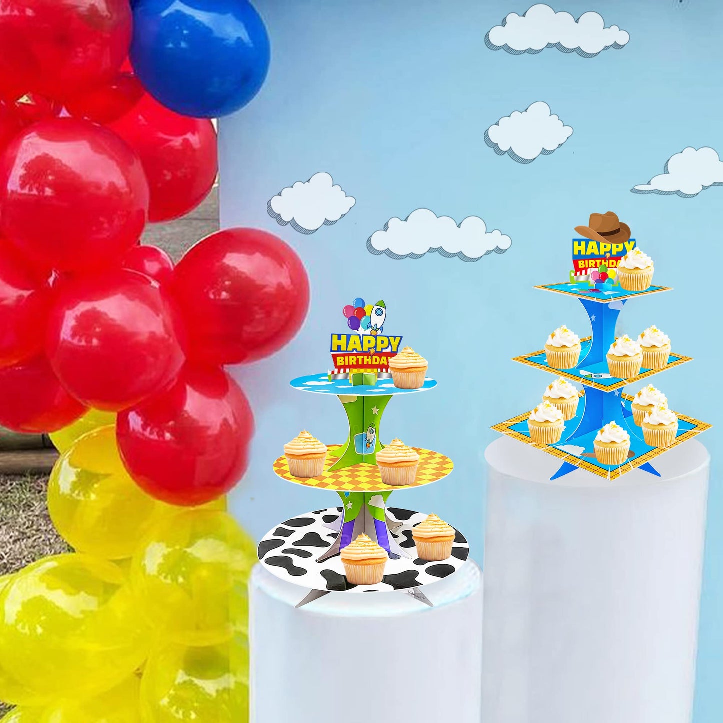 Nabenkalu 3-Tier Cartoon Story cupcake stand 2 Sets Cardboard Cake Stand Dessert Tower Holder for toy theme Birthday Decoration Baby Shower Party Supplies