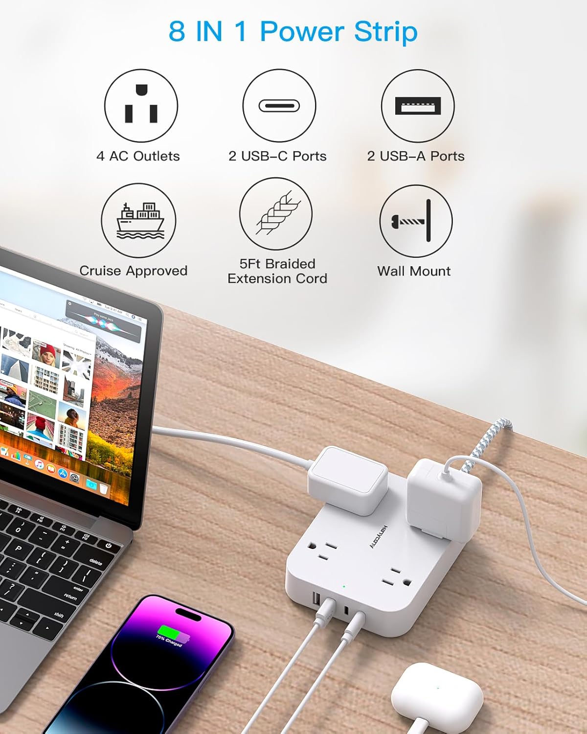 HANYCONY 5ft 4 Ports(2 4 Flat Plug Extension Cord, Power Strip with USB USB C), Widely Outlets Extender, Wall Mount