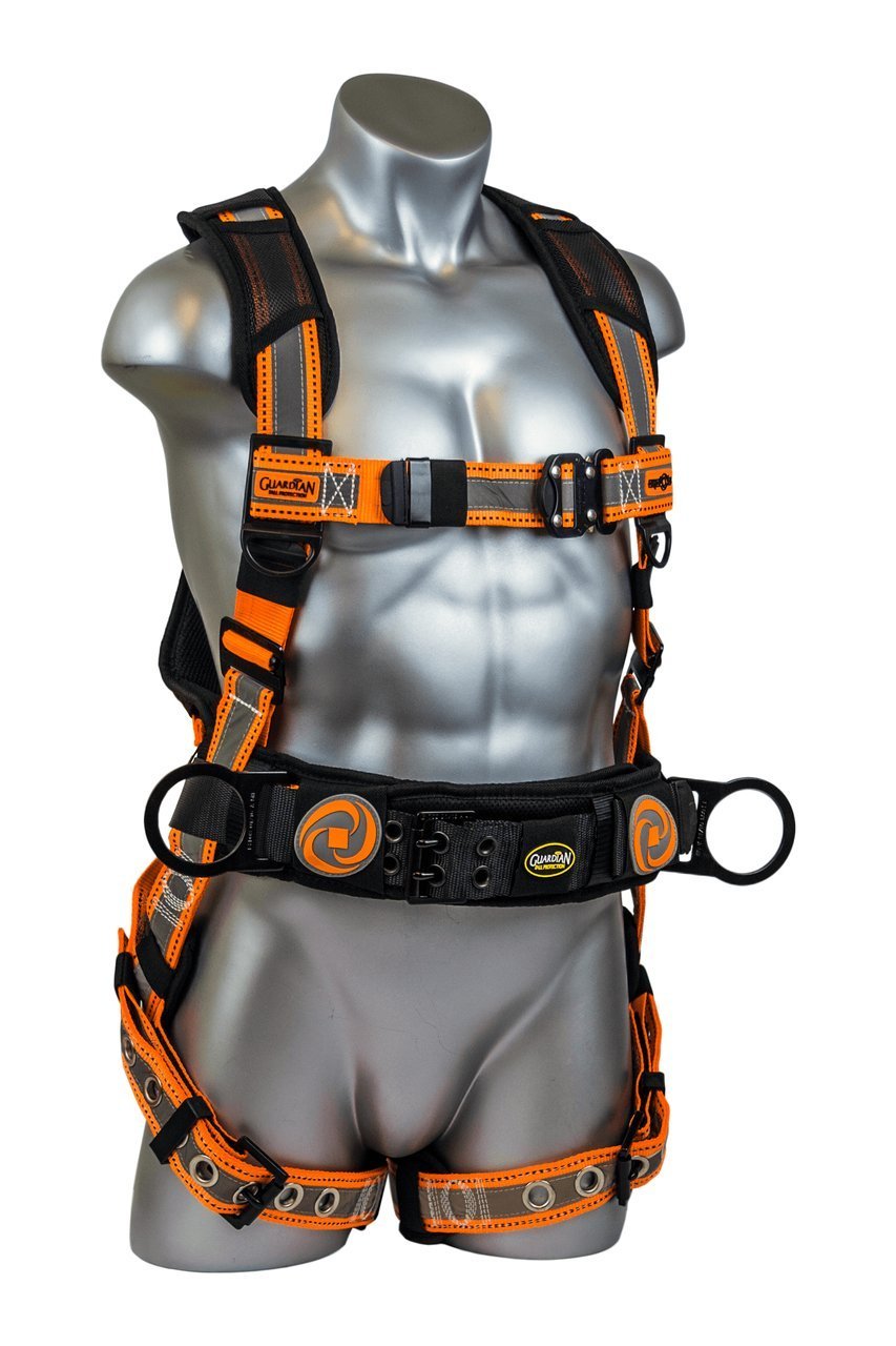 Guardian 21061 Cyclone Construction Harness with Sewn-On Silver Reflective Webbing, Quick Connect Chest, Tongue Buckle Waist and Tongue Buckle Legs, Medium/Large, Black/Orange