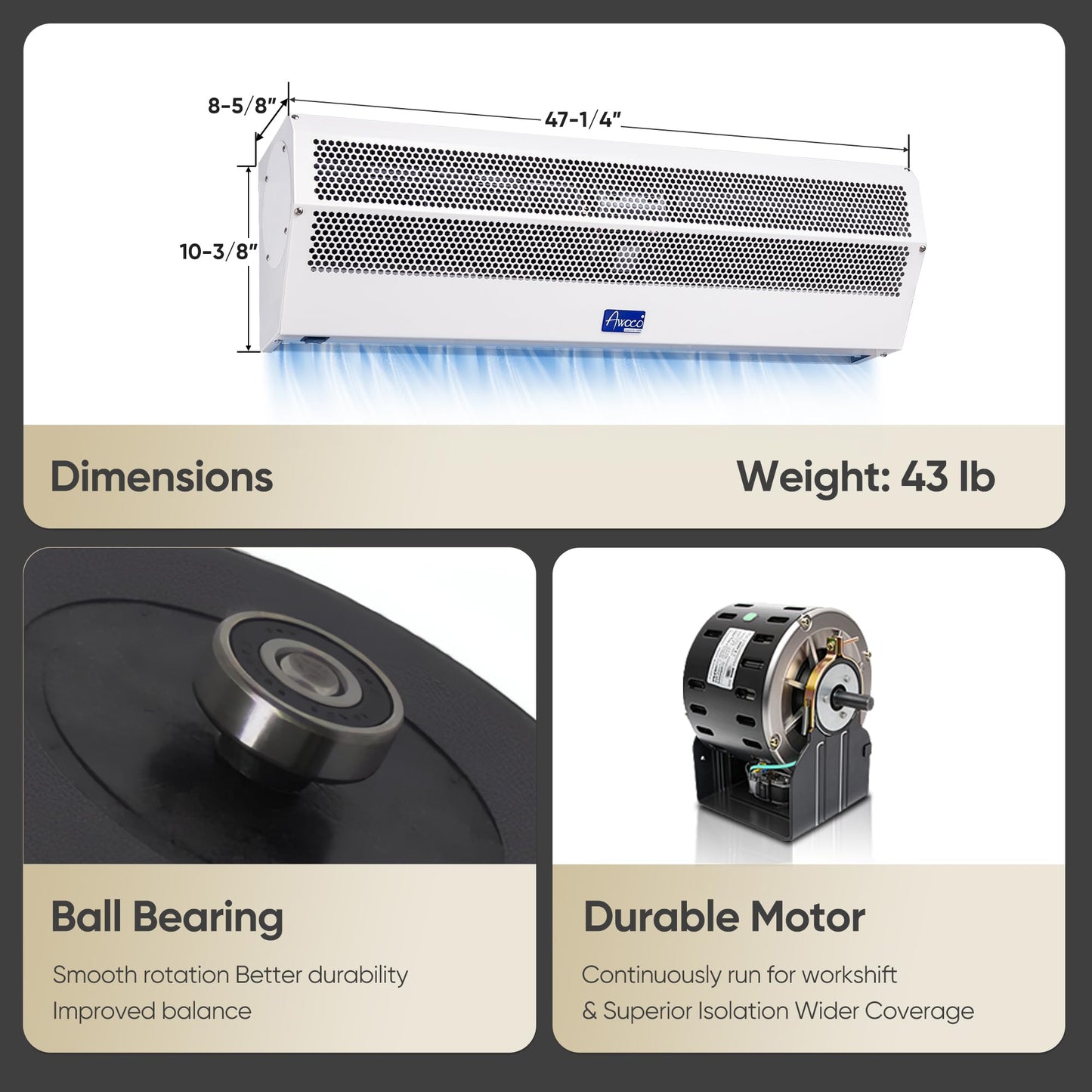 Awoco 48" Super Power 2 Speeds 1650CFM Commercial Indoor Air Curtain, UL Certified, 120V Unheated - Free Door Switch