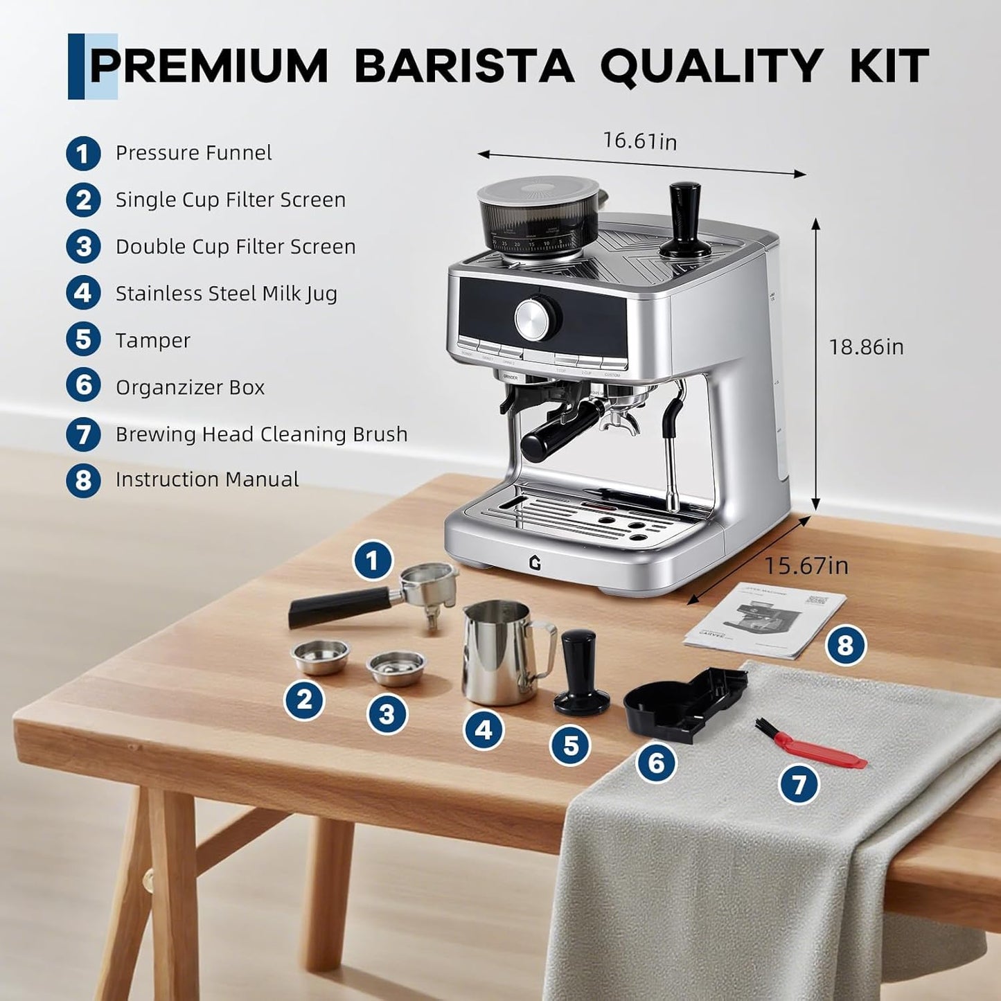 ExploreHorizon 20 Bar Espresso Machine with Built-In Grinder & Milk Frother, 1.5L Removable Water Tank, Adjustable Shot Volume & 30 Grind Settings for Home or Office Use, Stainless Steel Silver