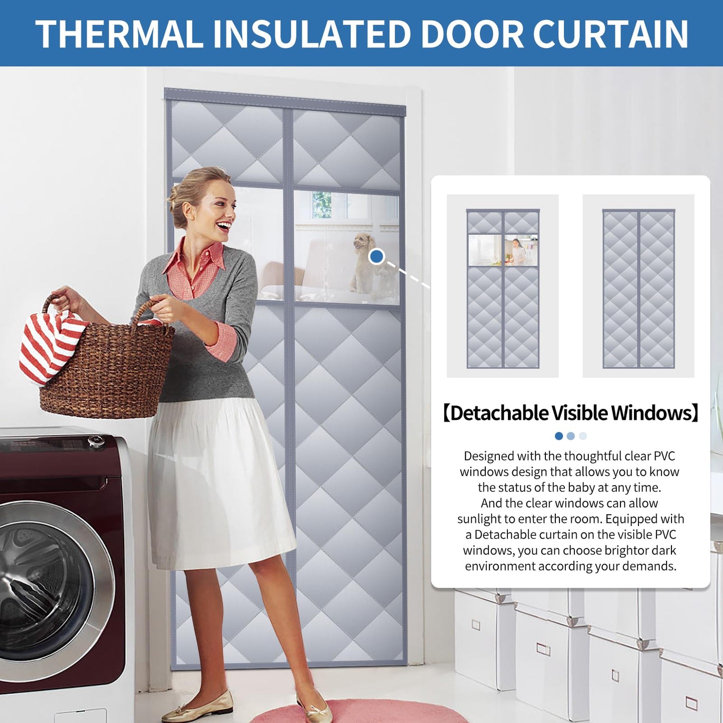 Magnetic Thermal Insulated Door Curtain with Detachable Visible Windows, Thicken Polyester Fiberfill & Durable Oxford Fabric, Hands Free Windproof Door Screen