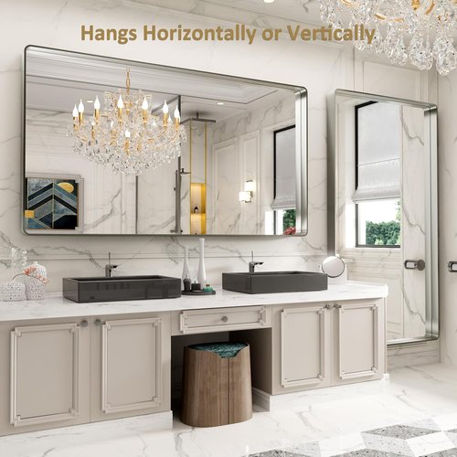 LOAAO Brushed Nickel Bathroom Mirror - 72x40 Inch Rounded Rectangle Design | Anti-Rust, Versatile Hanging Options
